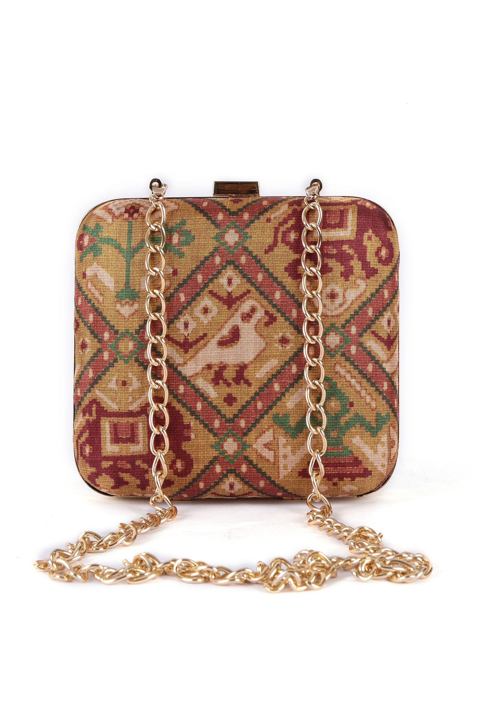 Aviva Golden & Multi Patola Print Square Box Clutch - Image 3