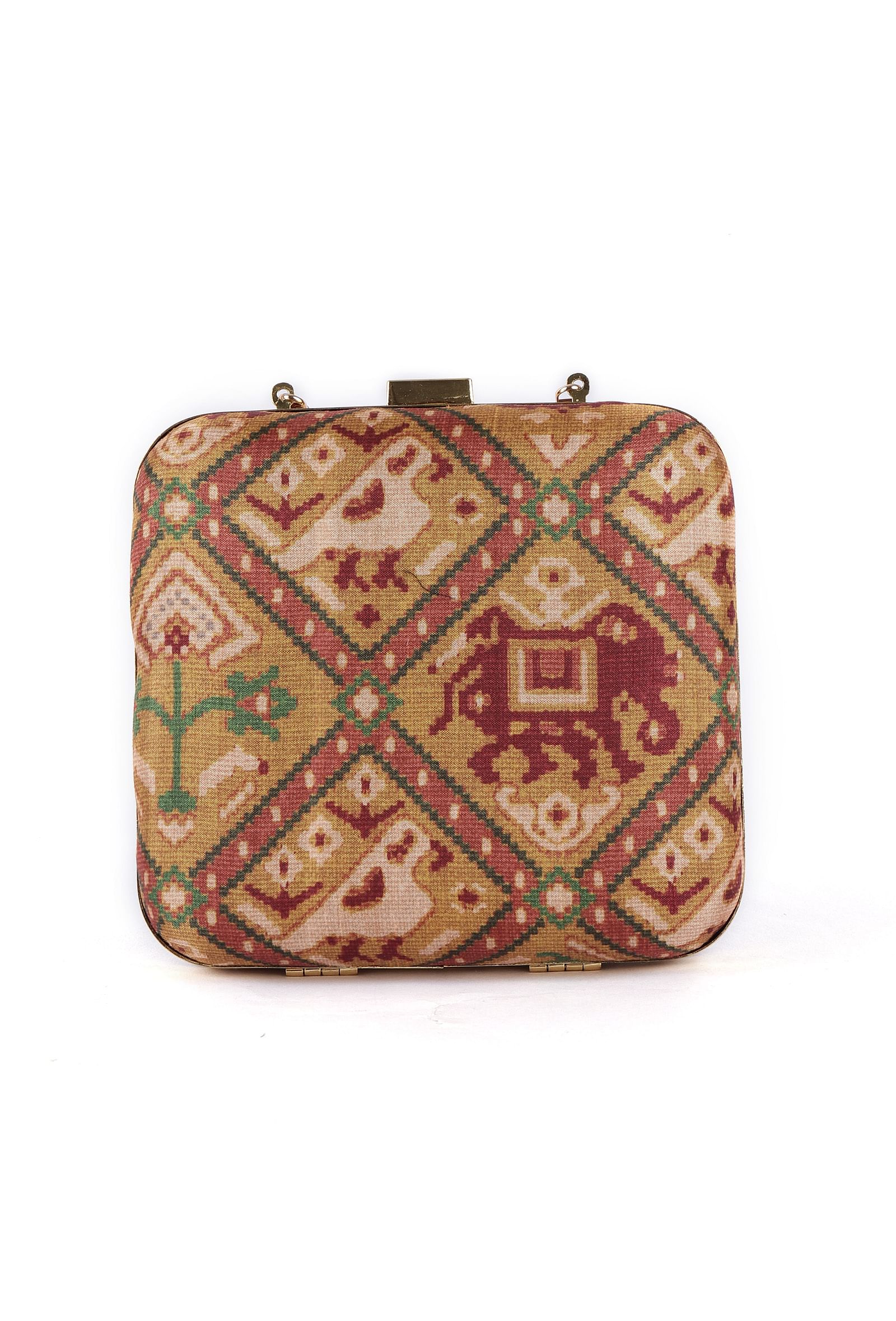 Aviva Golden & Multi Patola Print Square Box Clutch - Image 4