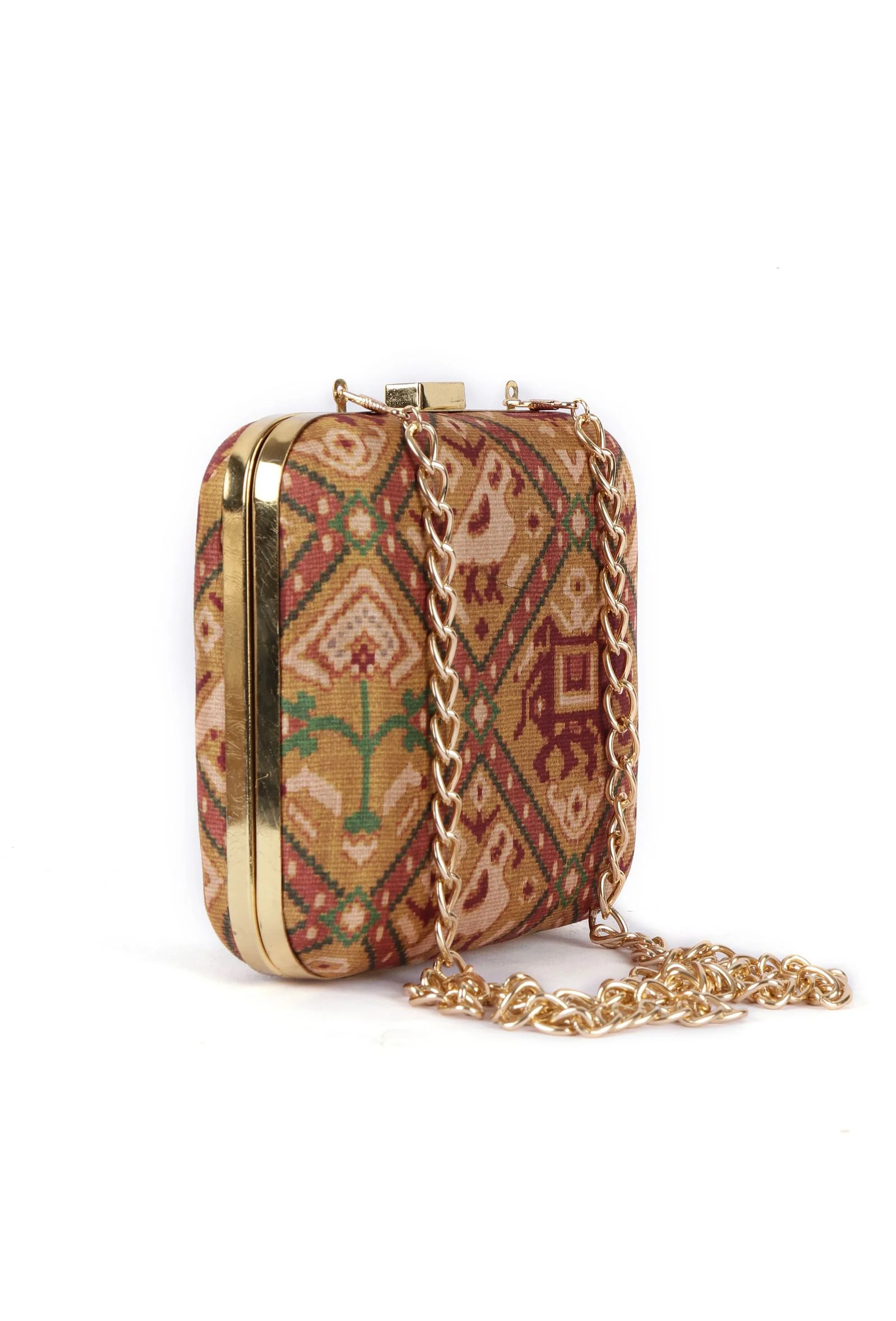 Aviva Golden & Multi Patola Print Square Box Clutch - Image 5