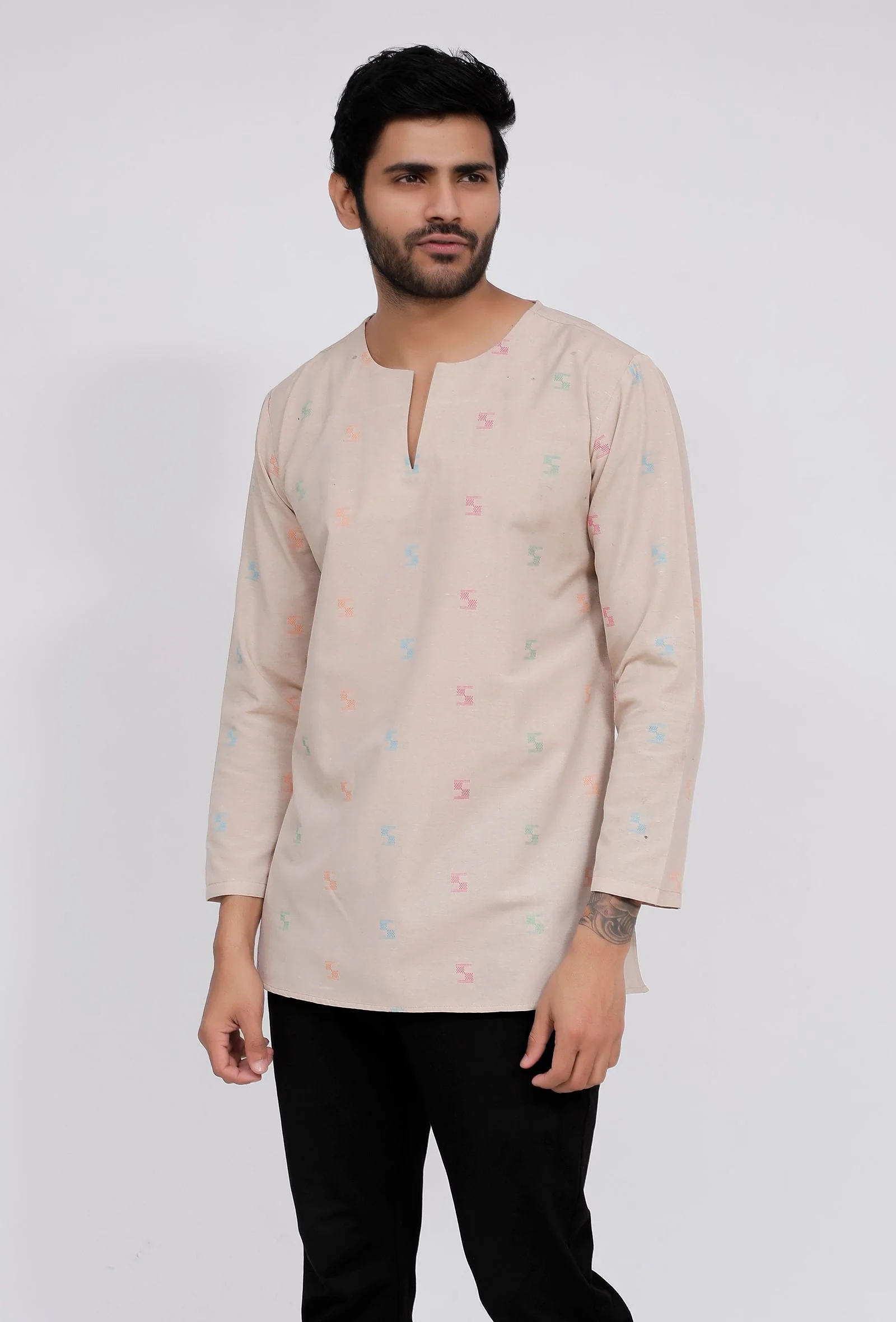 Beige Dobby Round Neck kurta - Image 3