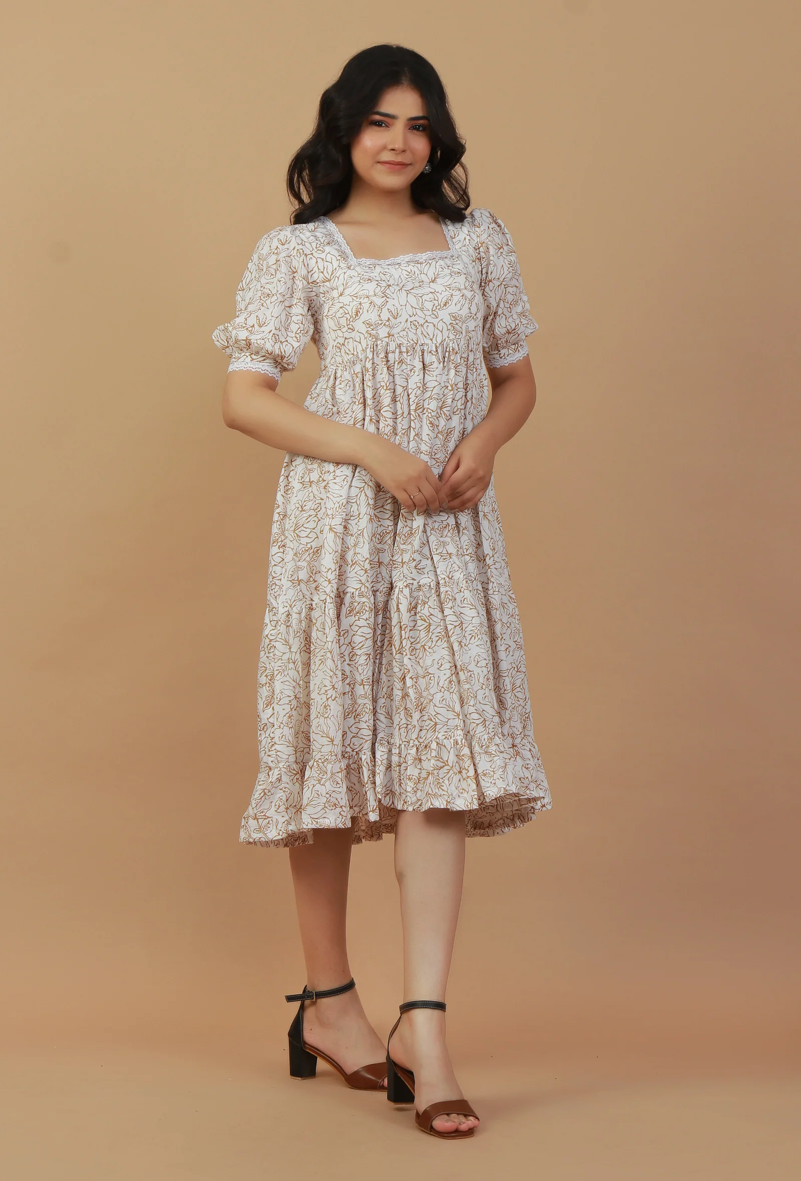 Beige Floral Printed Cotton Fit & Flare Midi Dress - Image 3