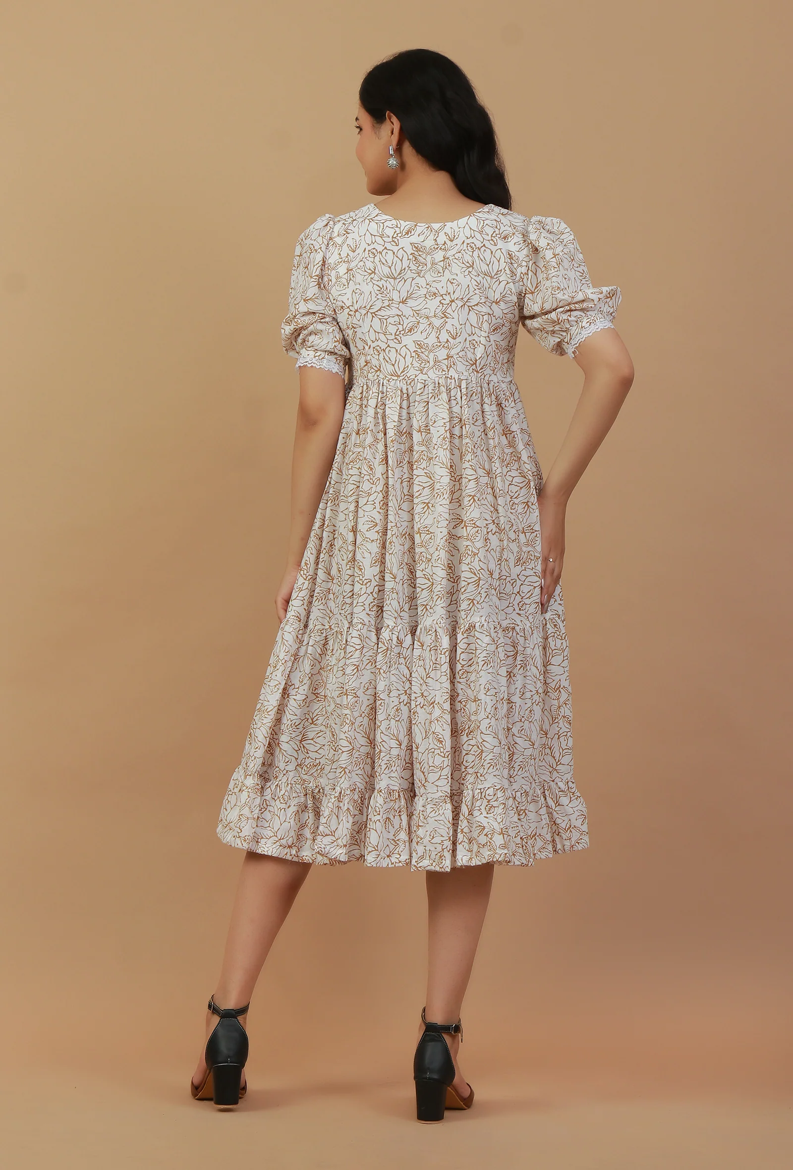 Beige Floral Printed Cotton Fit & Flare Midi Dress - Image 4