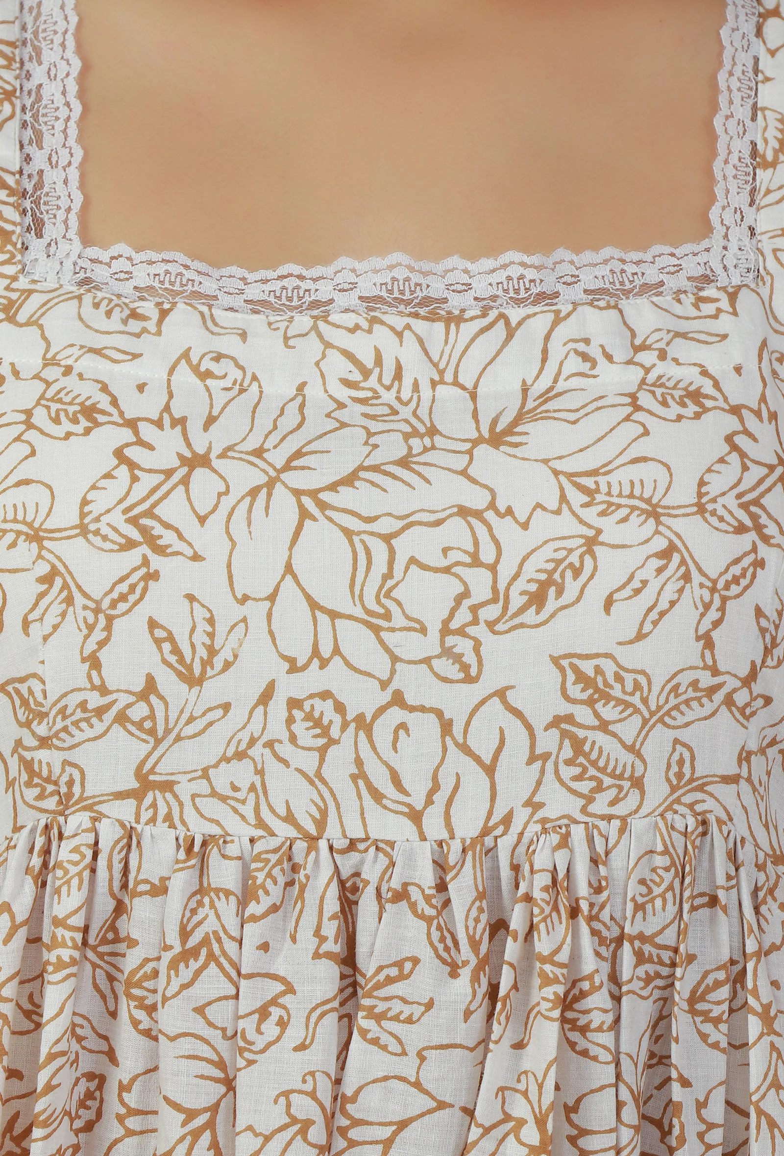 Beige Floral Printed Cotton Fit & Flare Midi Dress - Image 5