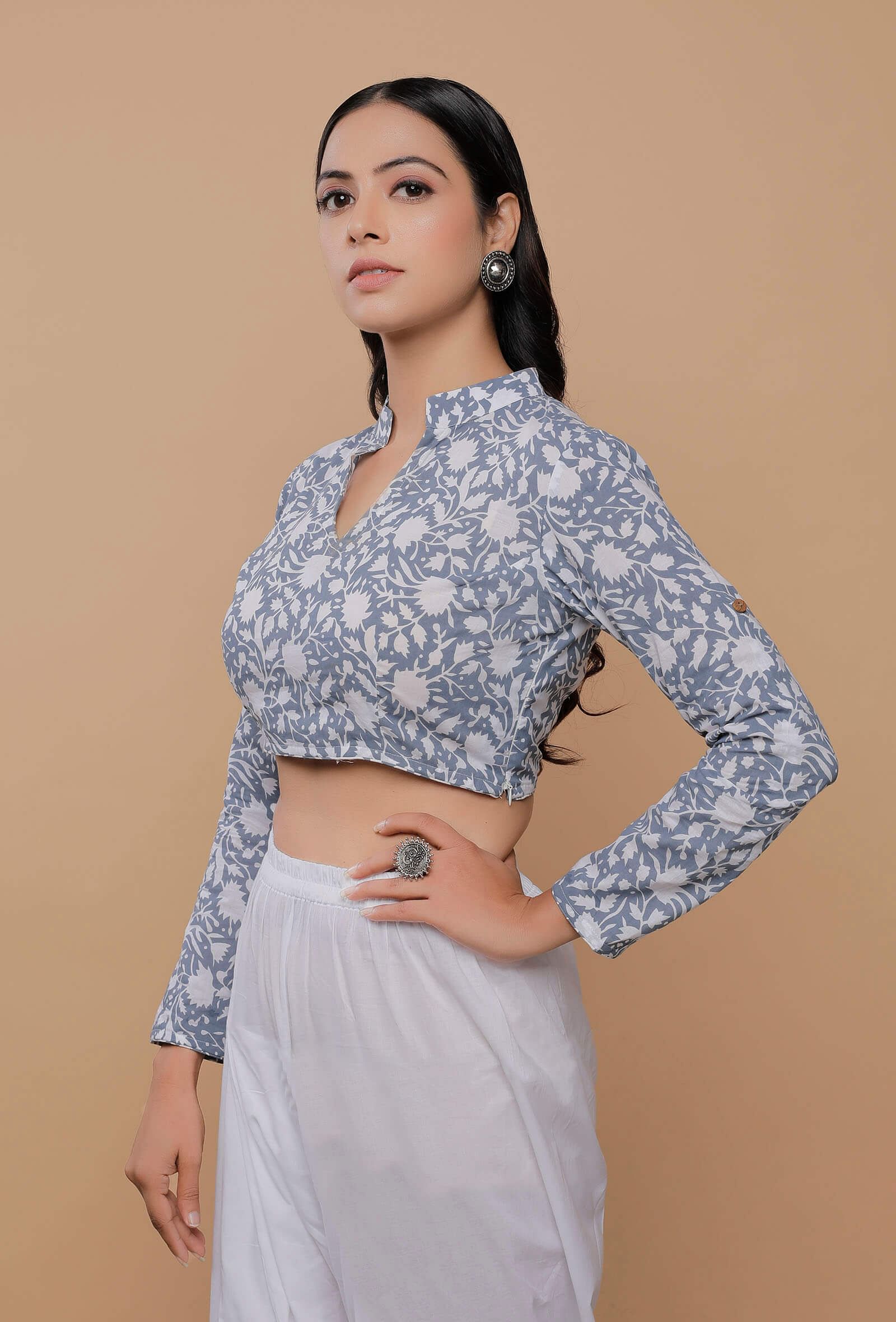 Blue Handblock Printed Cotton V Neck Line With Stand Collar Blouse - Image 3