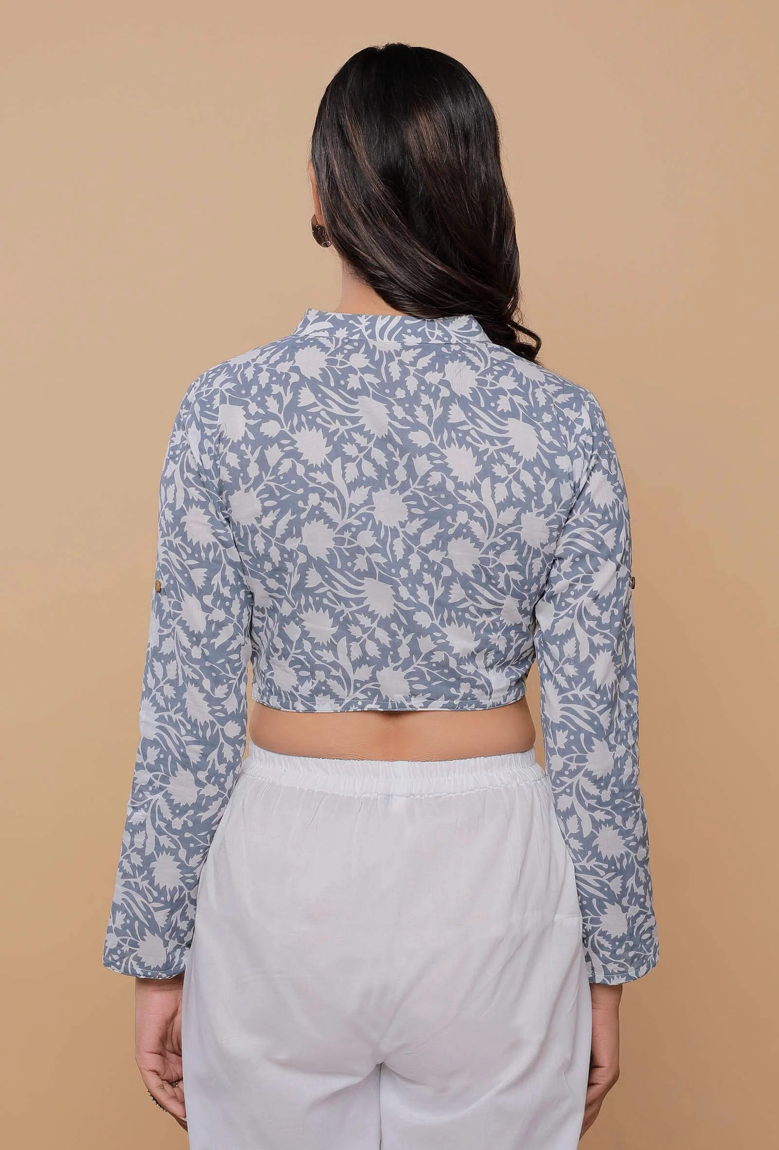 Blue Handblock Printed Cotton V Neck Line With Stand Collar Blouse - Image 4