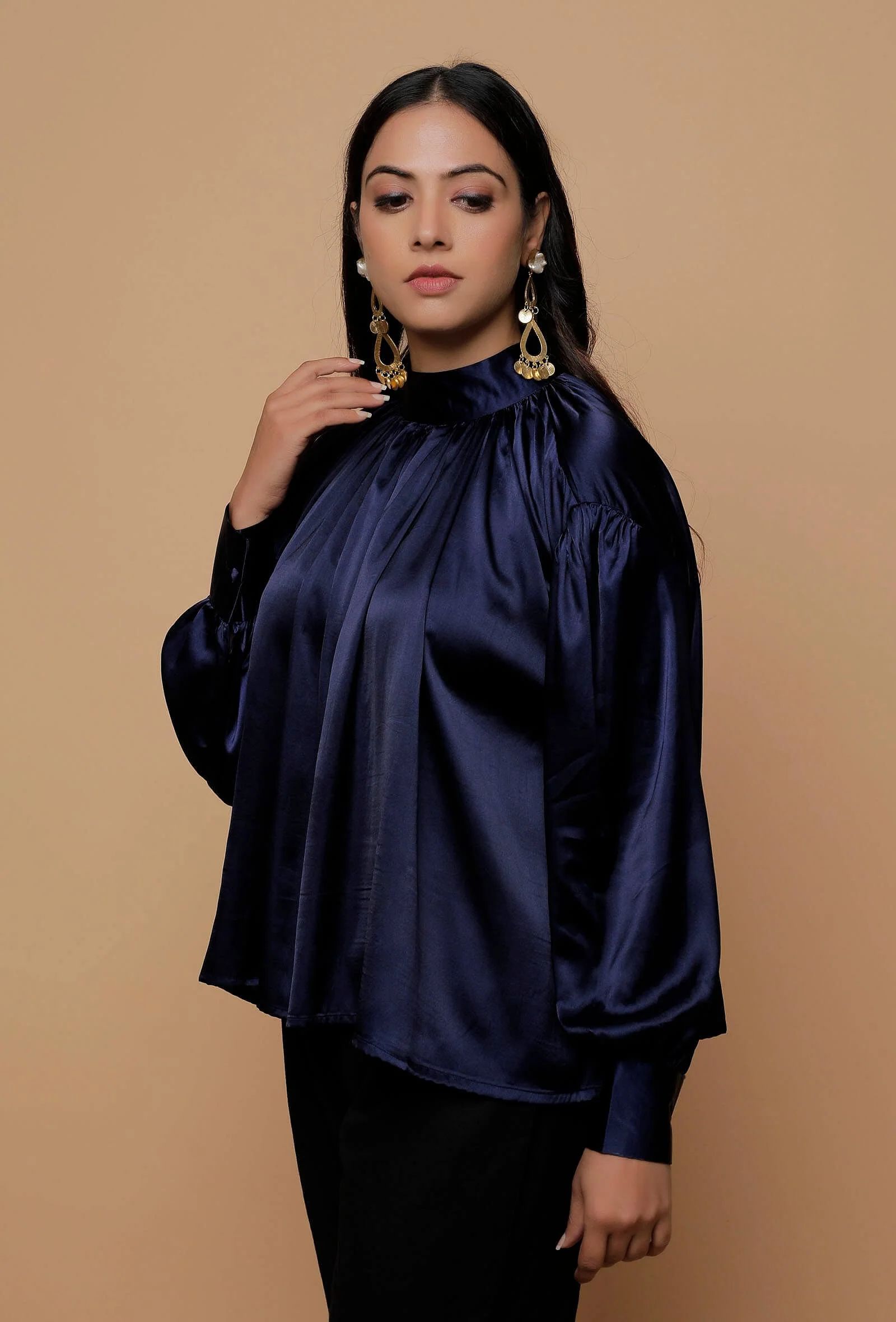 Blue Satin Bishop Sleeves Shirt - Image 3