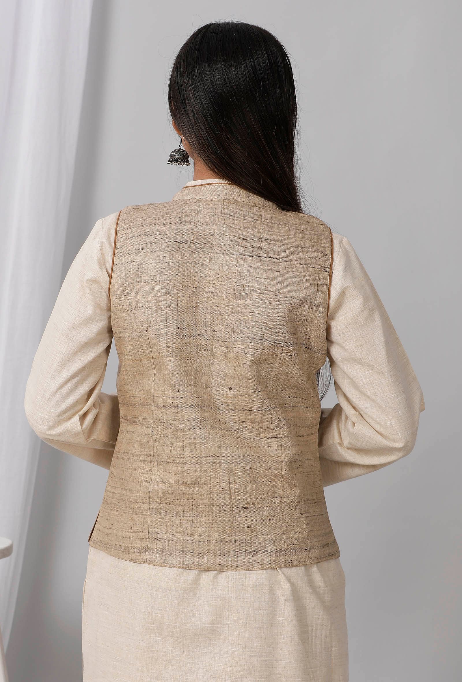 Brown Cotton Khadi Nehru jacket - Image 3