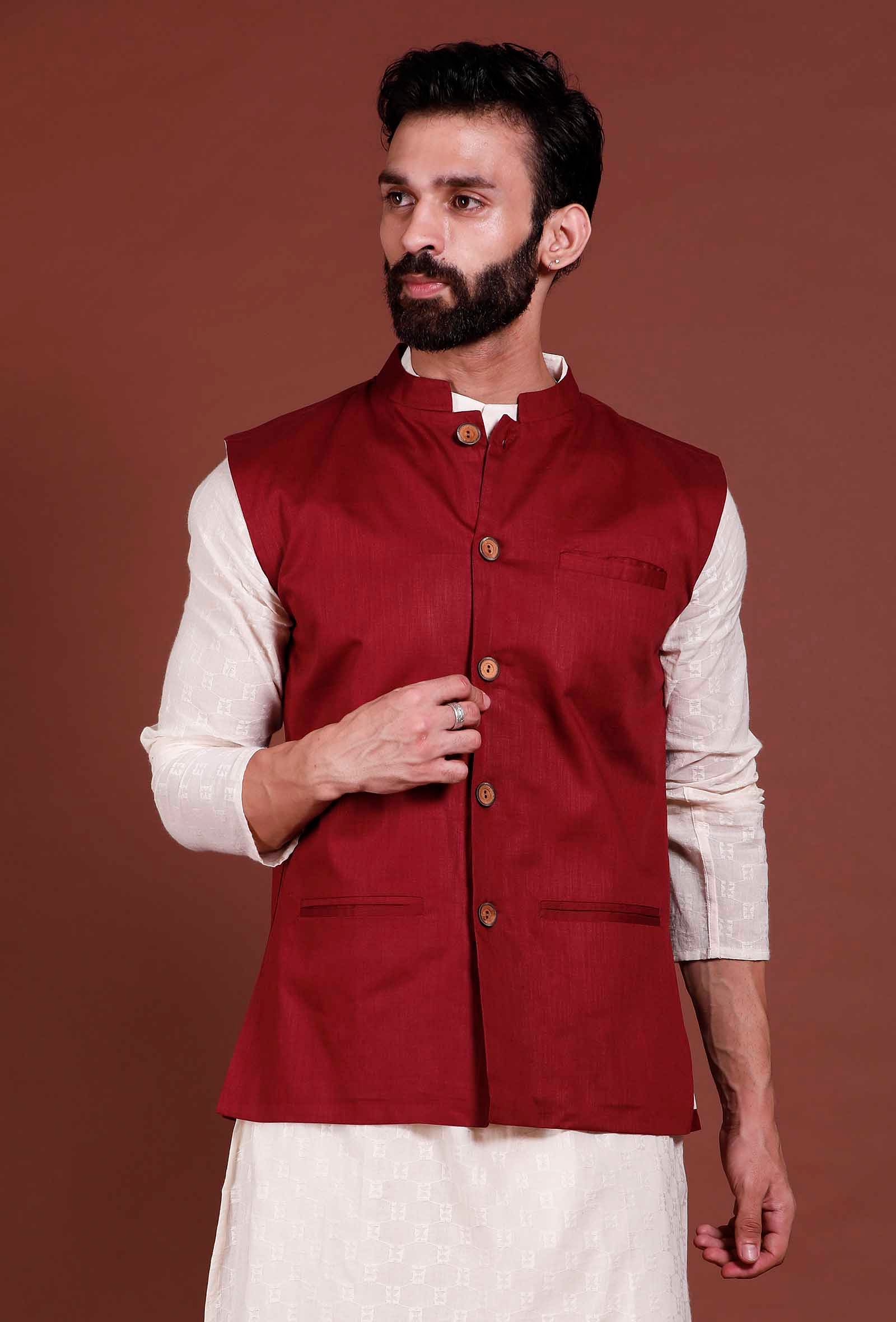 Dark Red Cotton Nehru Jacket - Image 4