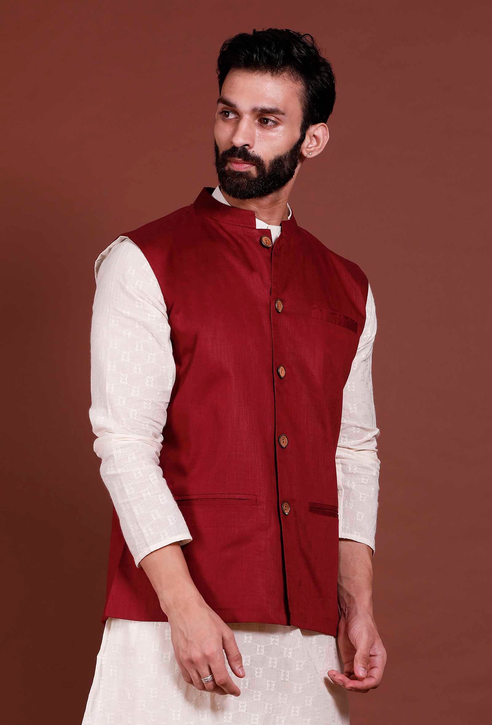 Dark Red Cotton Nehru Jacket - Image 6