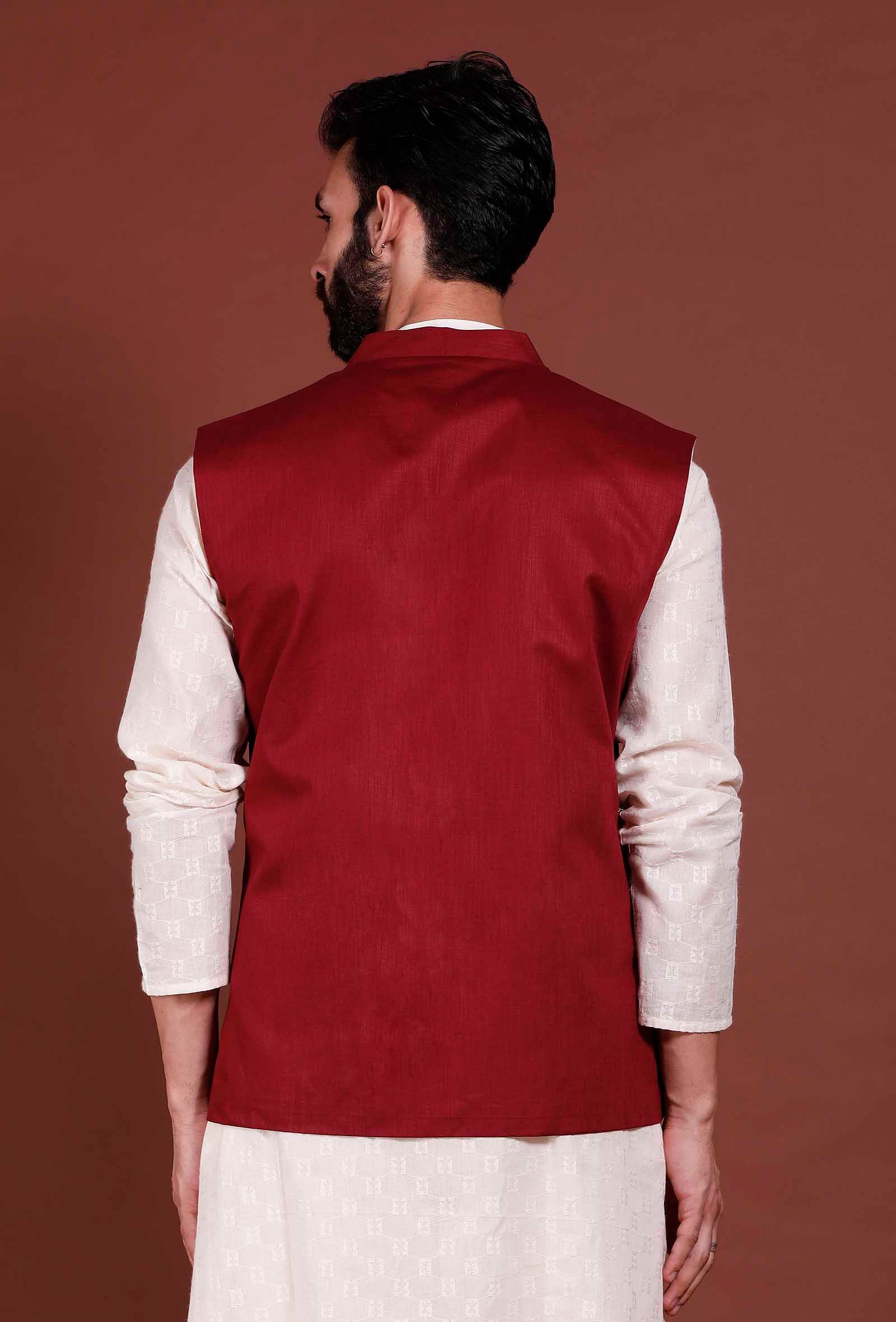 Dark Red Cotton Nehru Jacket - Image 8