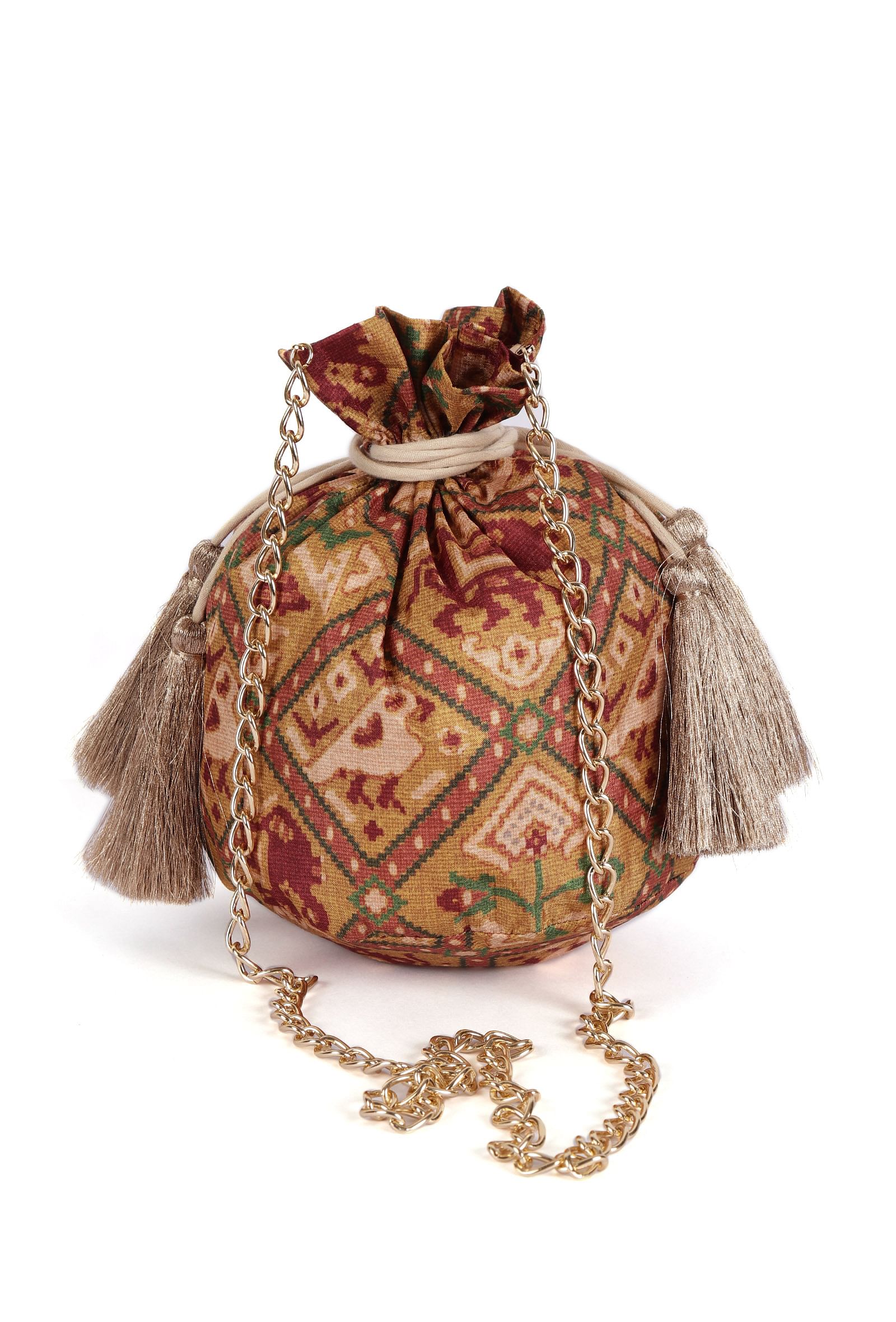 Falak Golden & Multi Silk Patola Print Potli With Tassels - Image 3