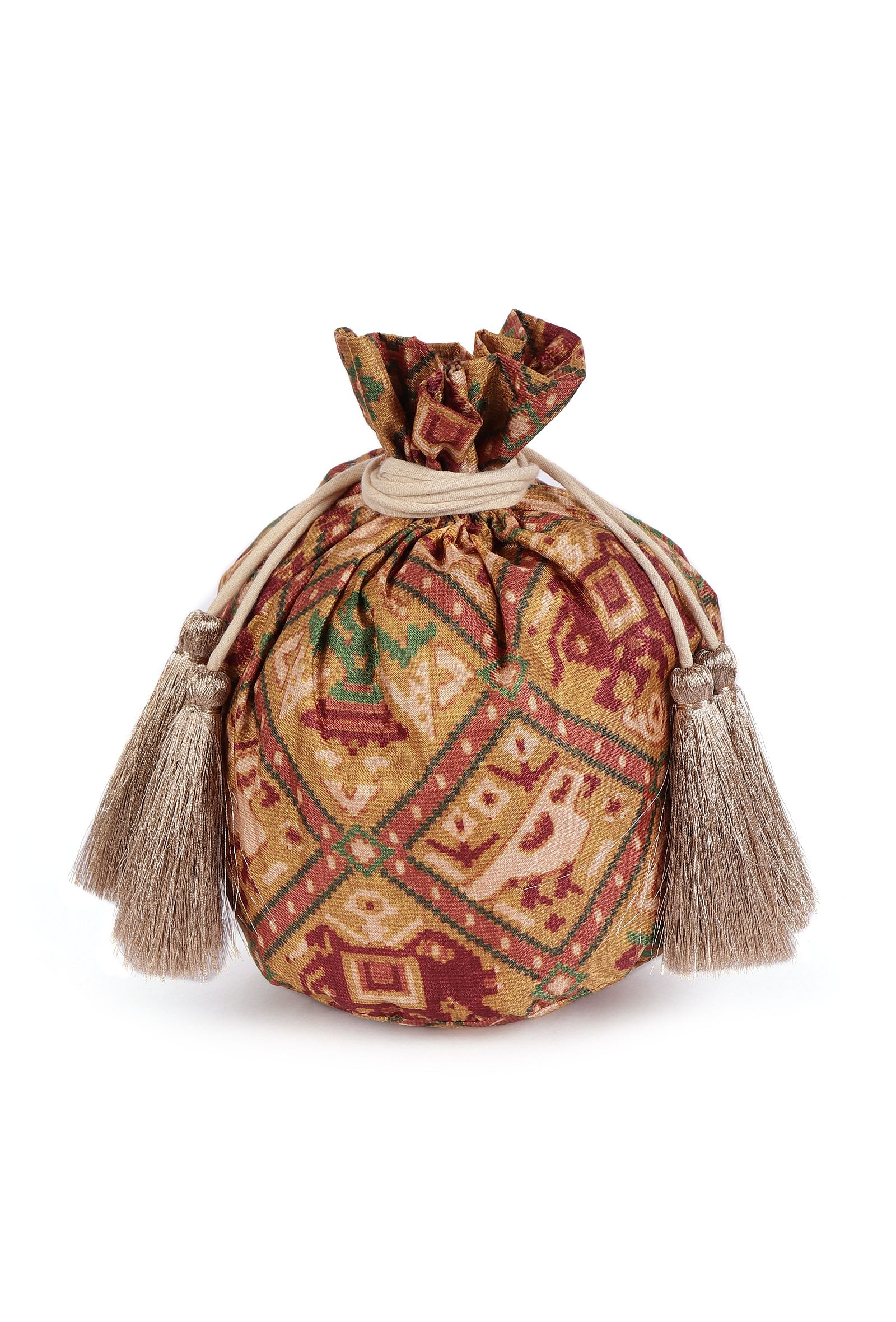 Falak Golden & Multi Silk Patola Print Potli With Tassels - Image 4