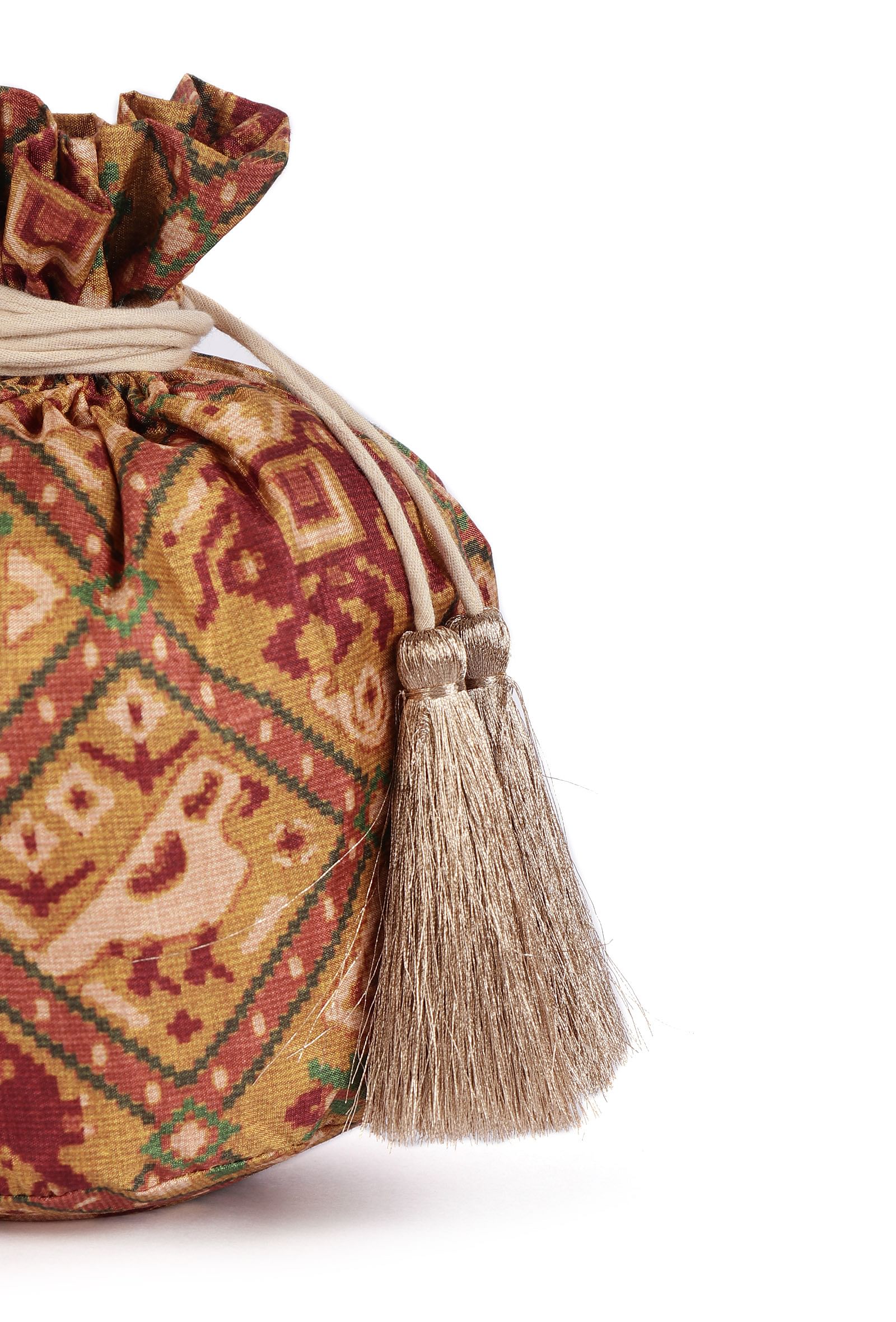 Falak Golden & Multi Silk Patola Print Potli With Tassels - Image 5