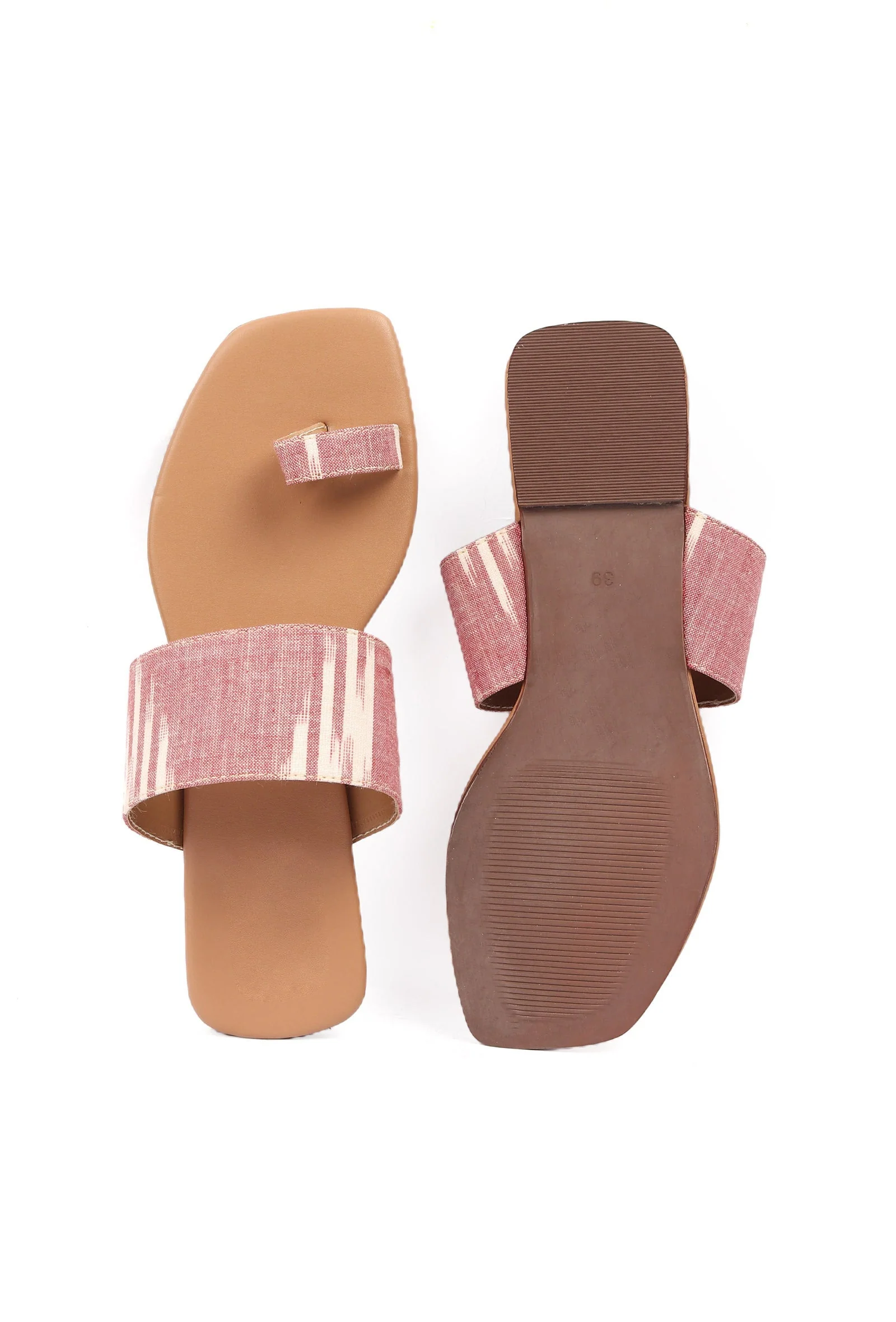Flamingo Pink & Tortilla Brown Ikat One Toe Cruelty Free Leather Flats - Image 3