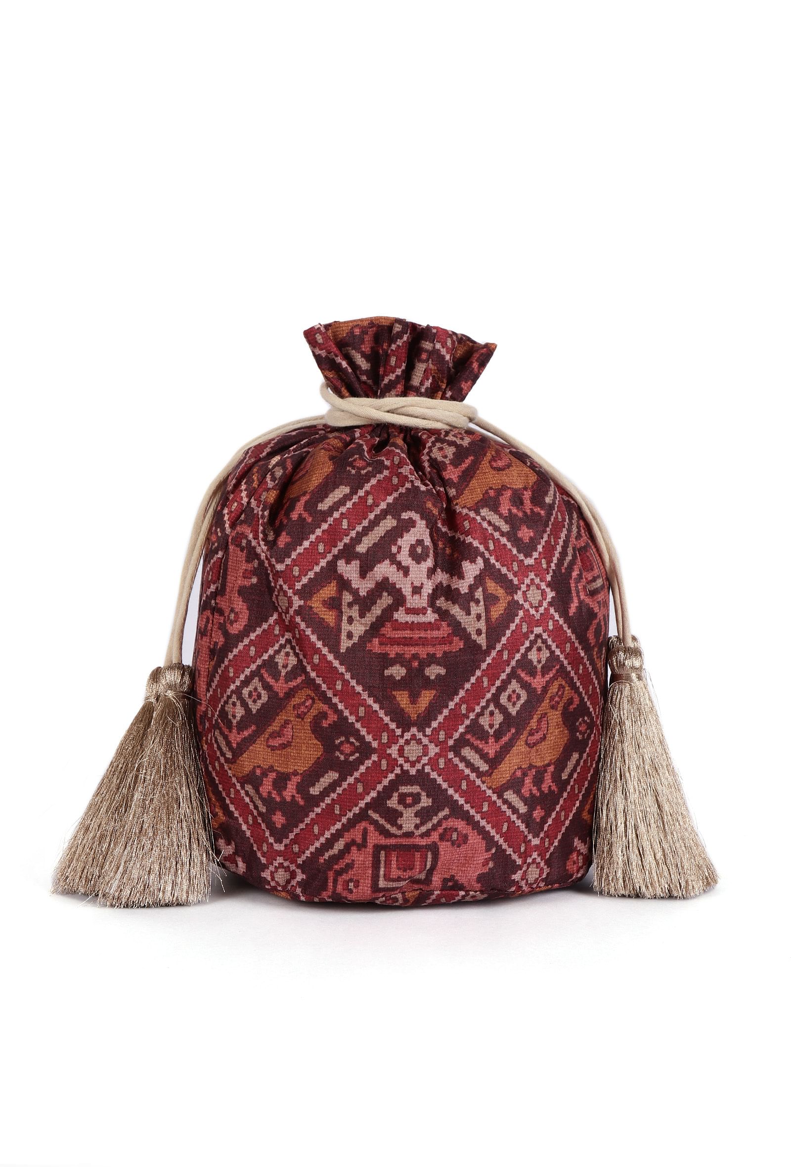 Geetika Maroon & Multi Silk Patola Print Potli With Tassels - Image 3