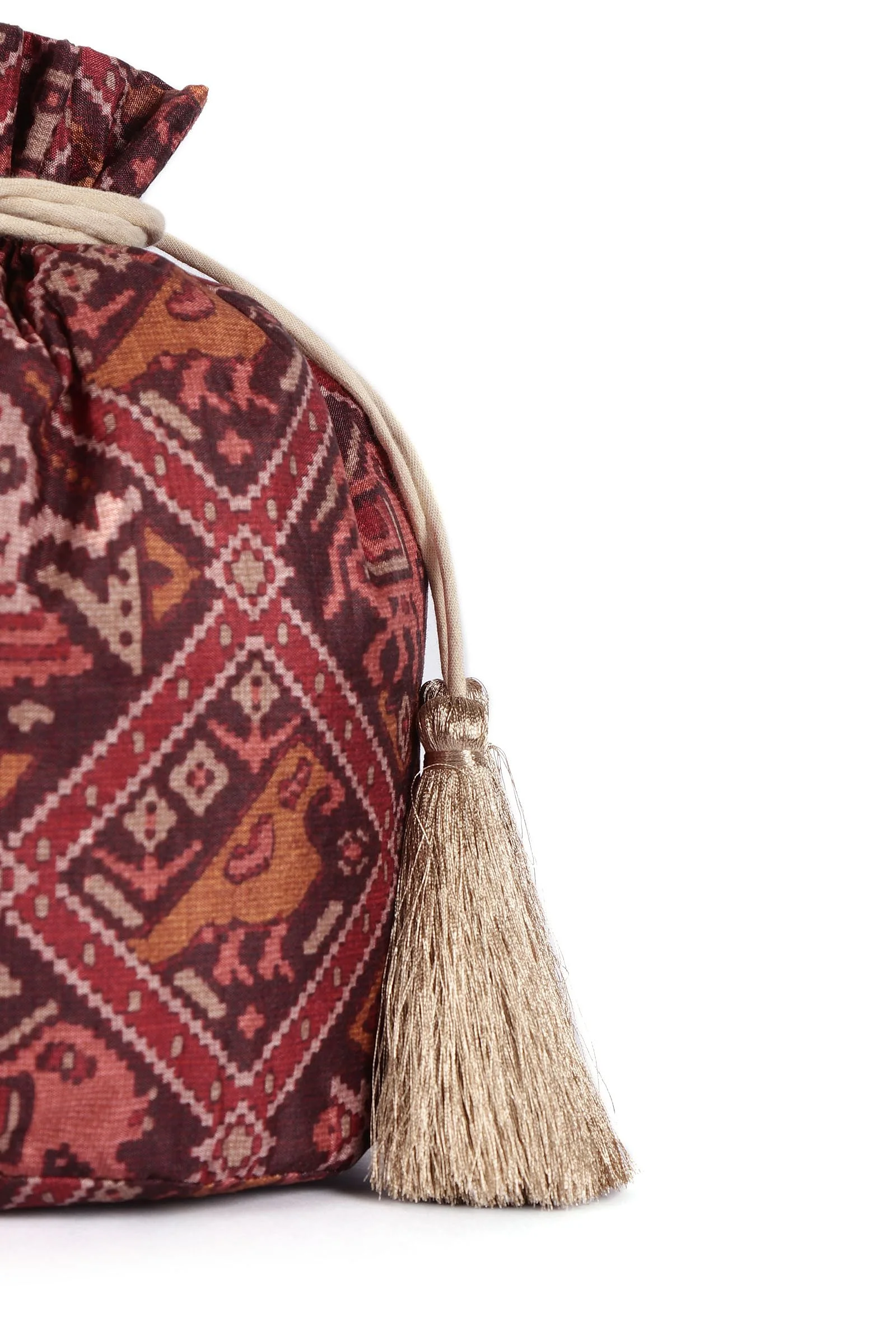 Geetika Maroon & Multi Silk Patola Print Potli With Tassels - Image 4