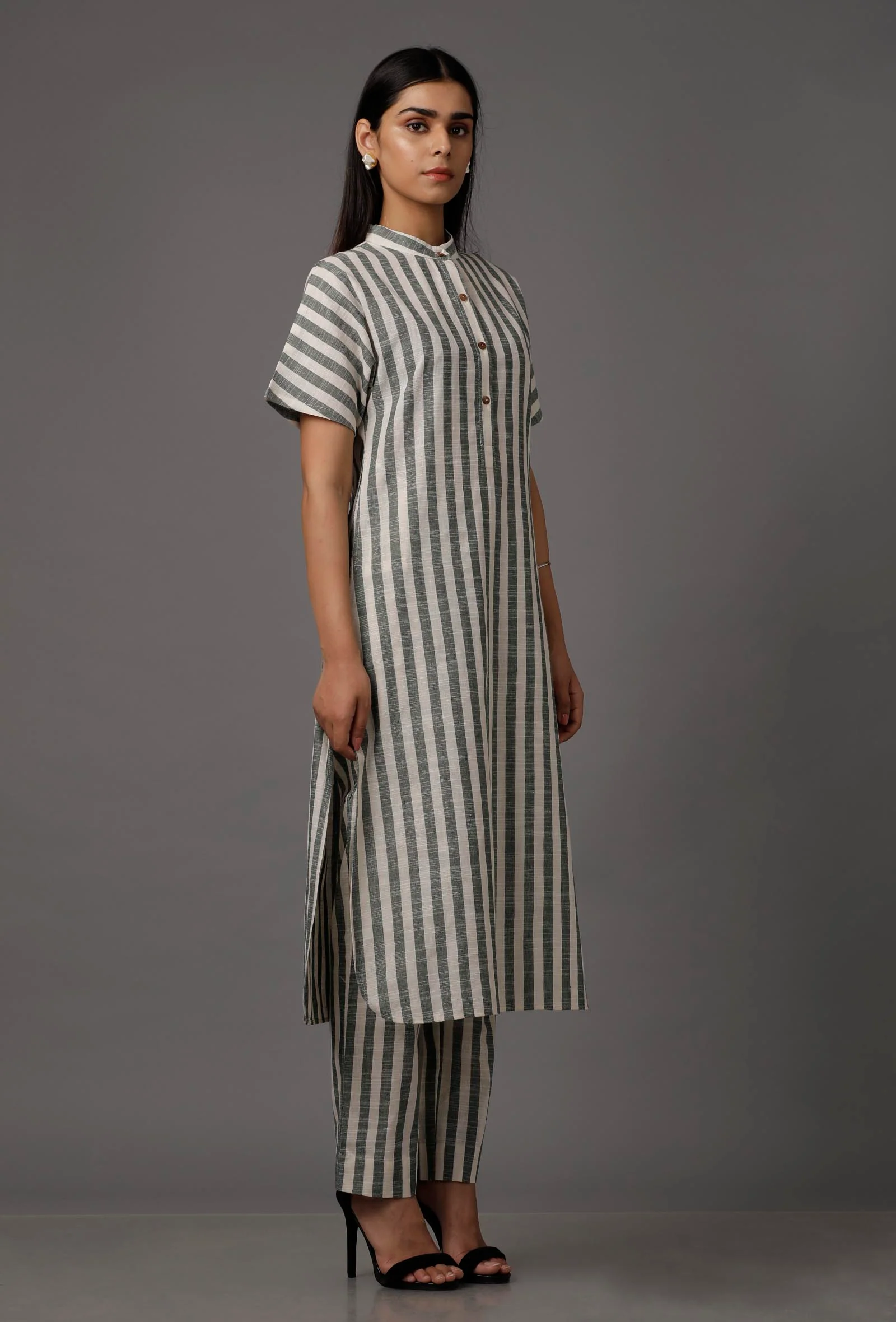 Green and White Stripes Pure Woven Cotton Kurta - Image 3
