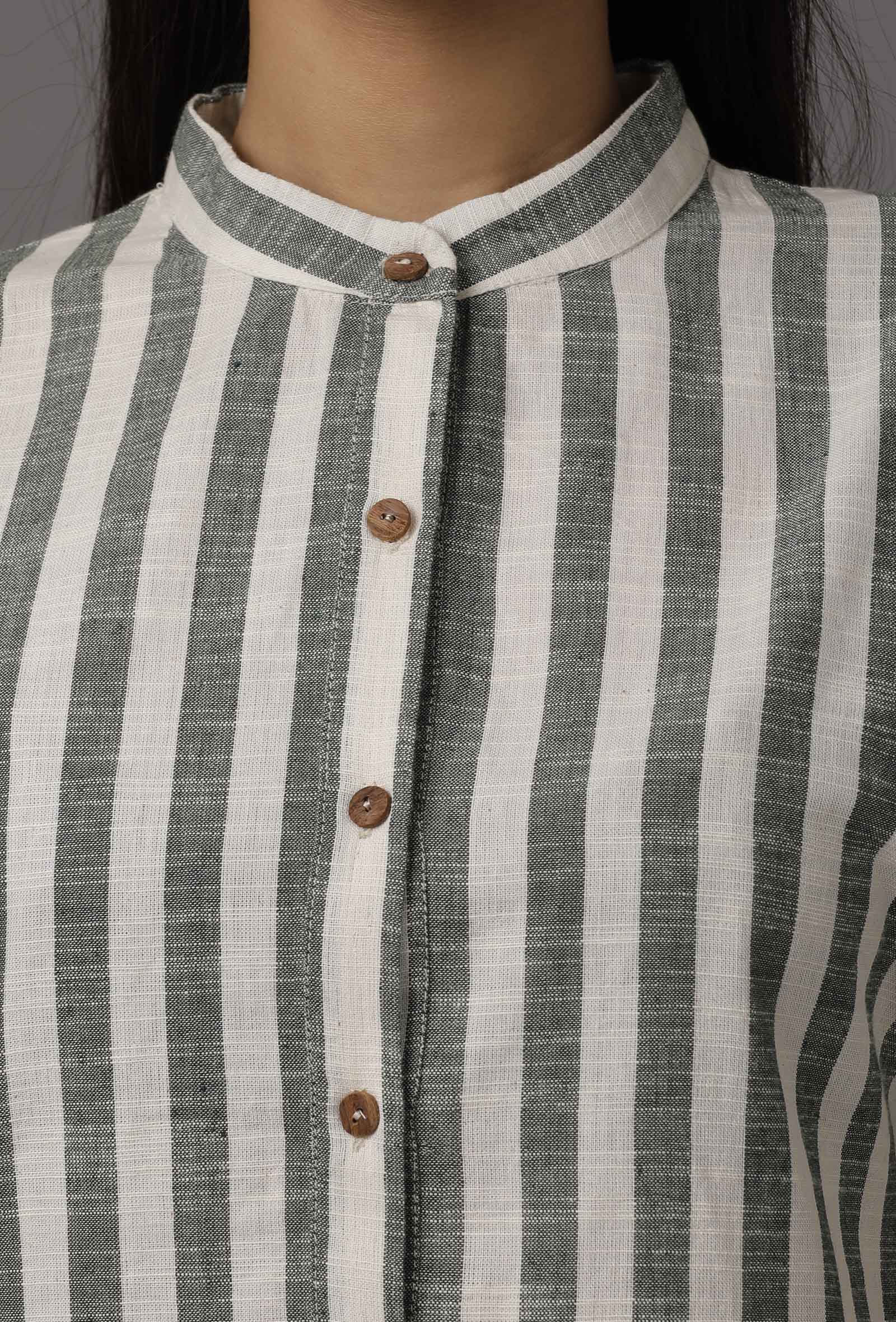 Green and White Stripes Pure Woven Cotton Kurta - Image 5