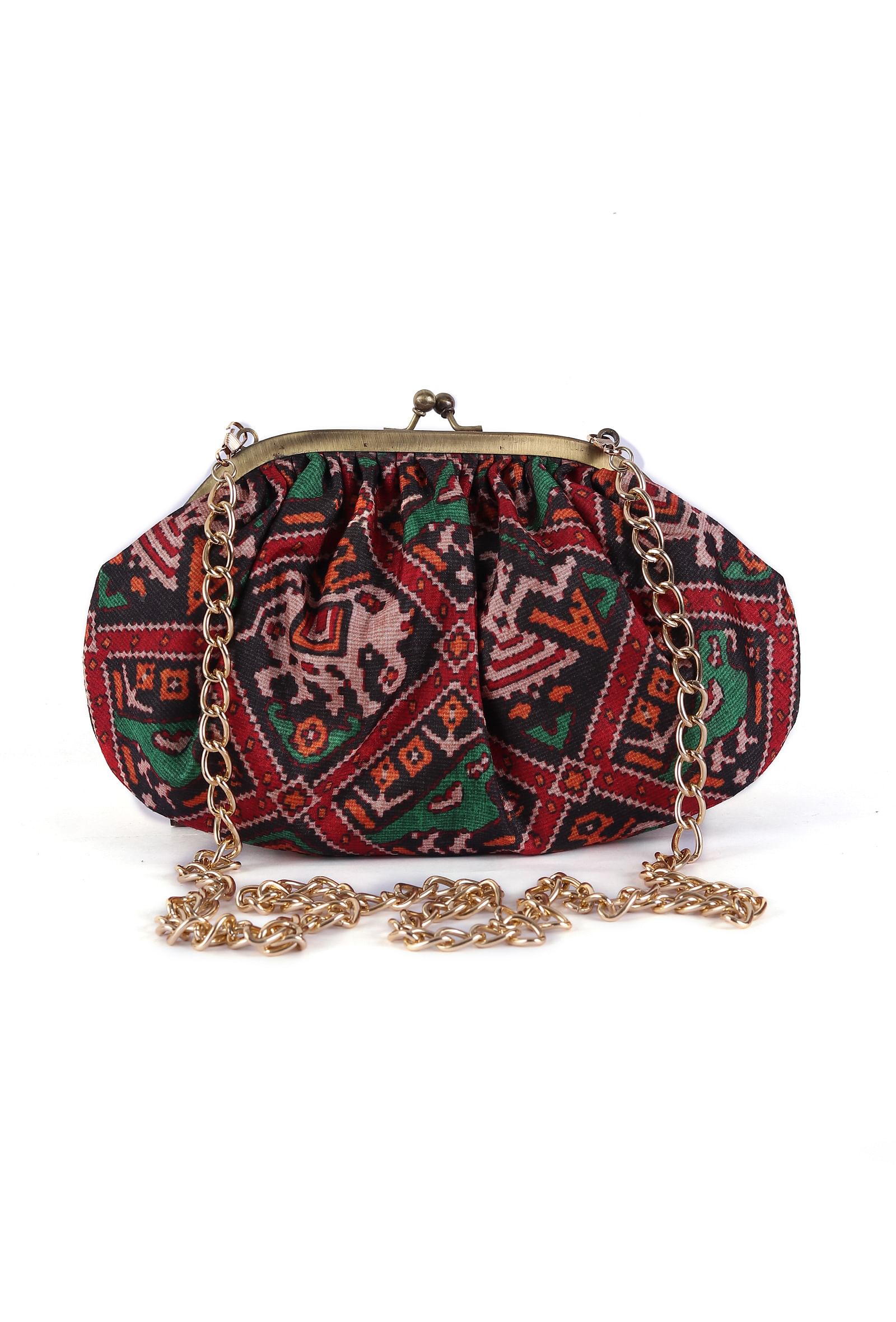 Green, Red & Multi Silk Patola Print Gathered Clutch - Image 3