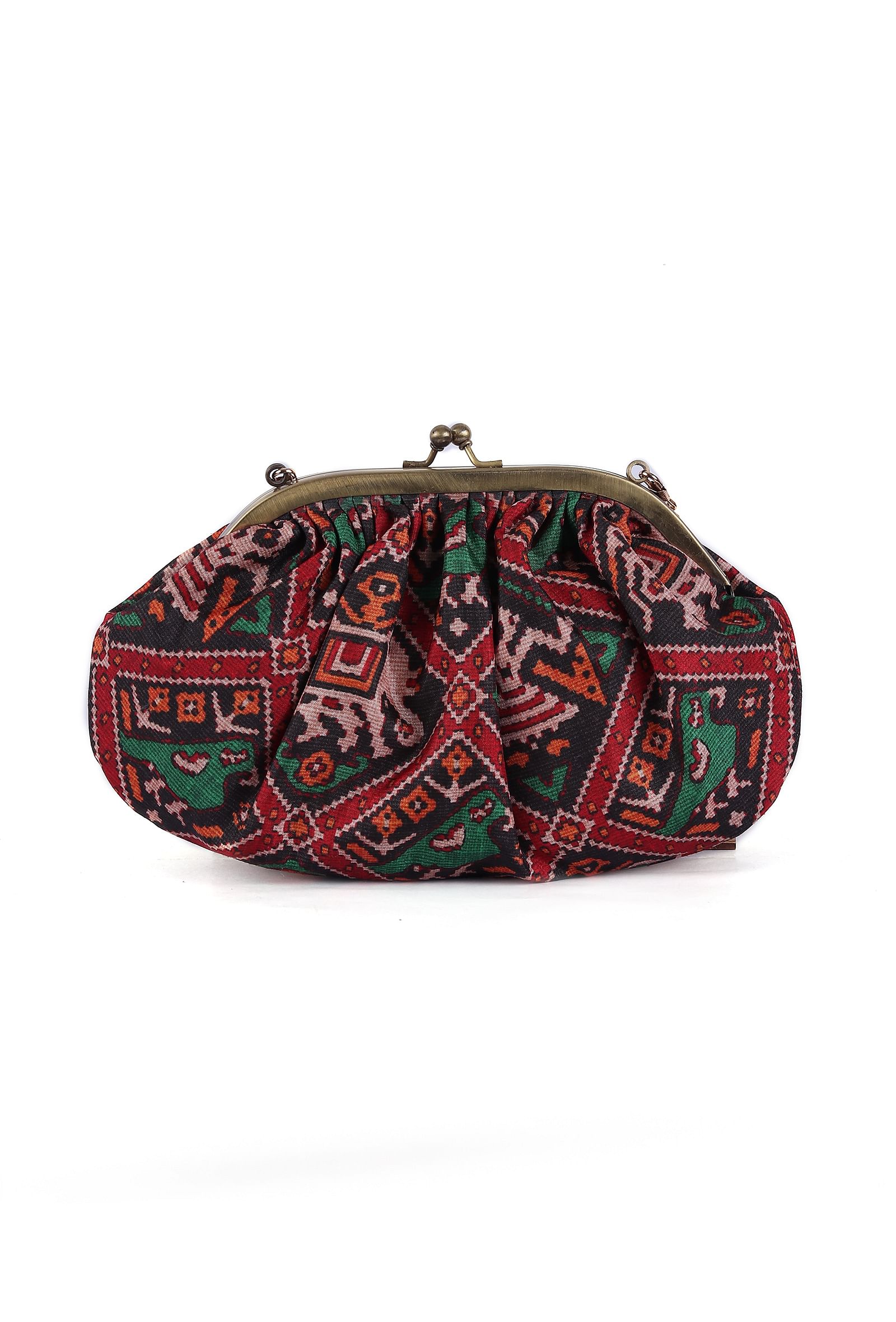 Green, Red & Multi Silk Patola Print Gathered Clutch - Image 4