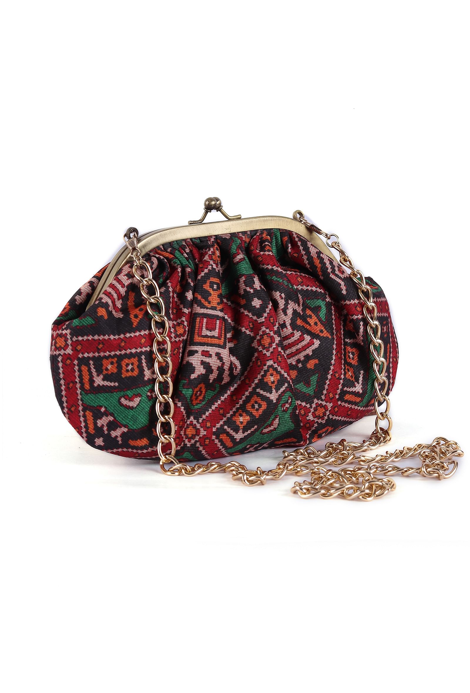 Green, Red & Multi Silk Patola Print Gathered Clutch - Image 5
