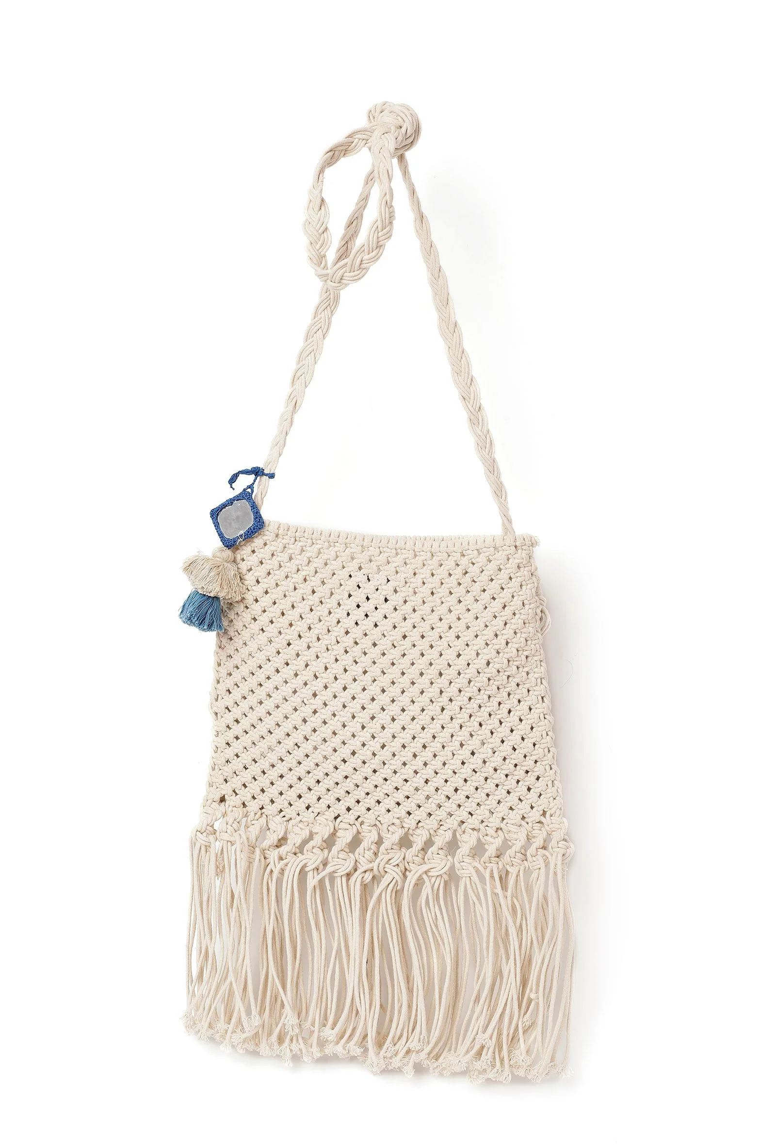 Honeydew Macrame Tote Bag With Blue Tassels - Image 3