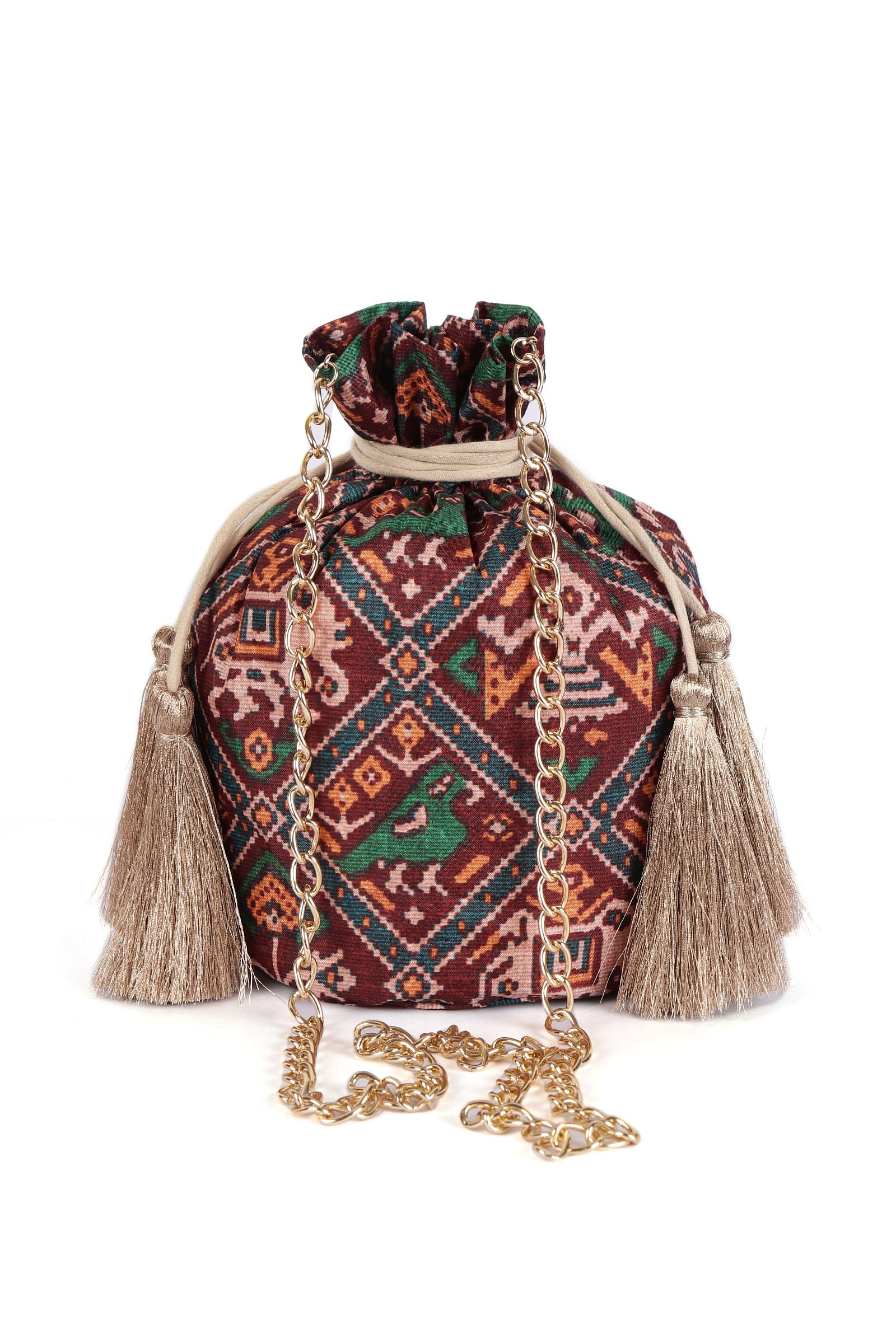 Ishani Maroon & Multi Silk Patola Print Potli With Tassels - Image 3