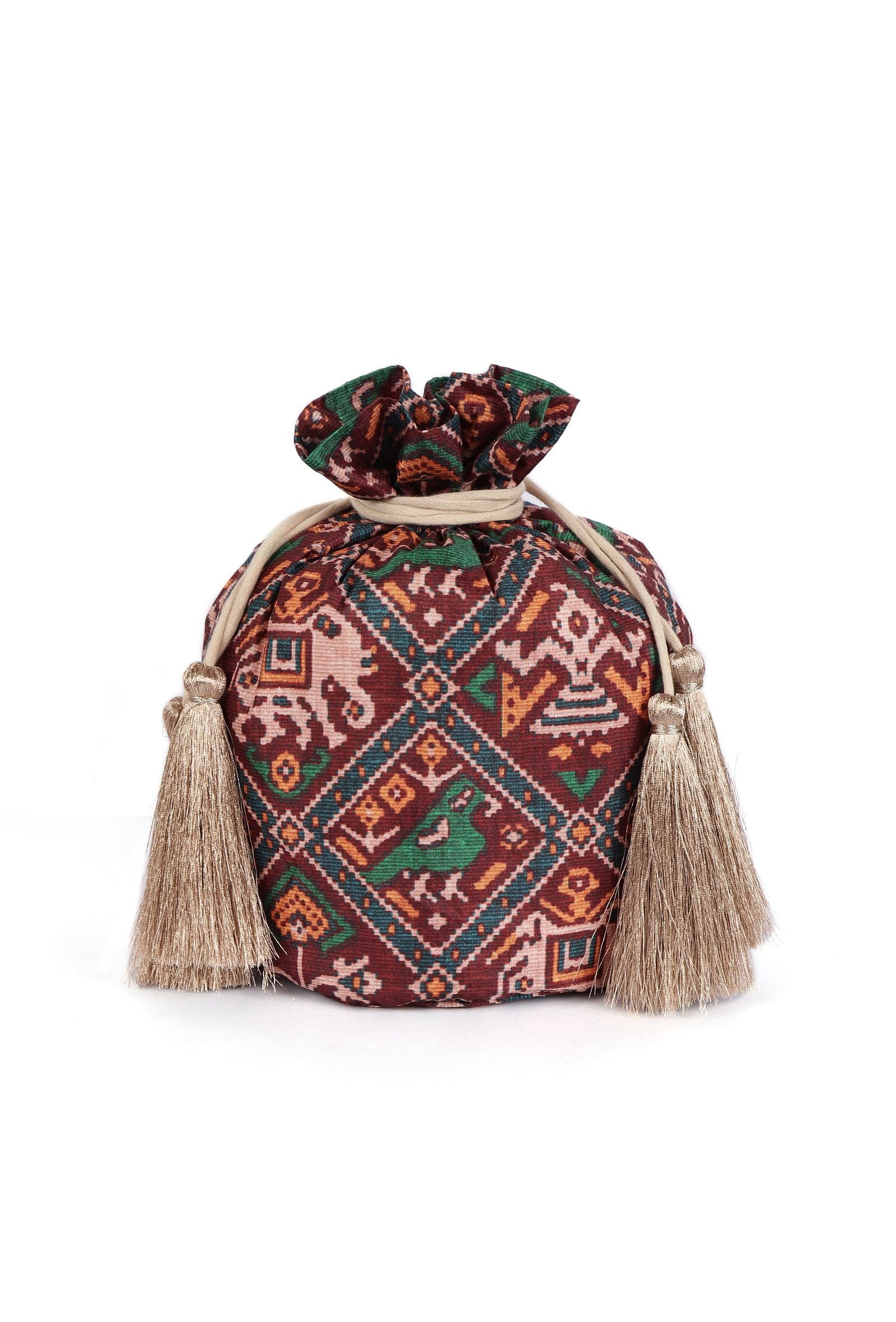 Ishani Maroon & Multi Silk Patola Print Potli With Tassels - Image 4