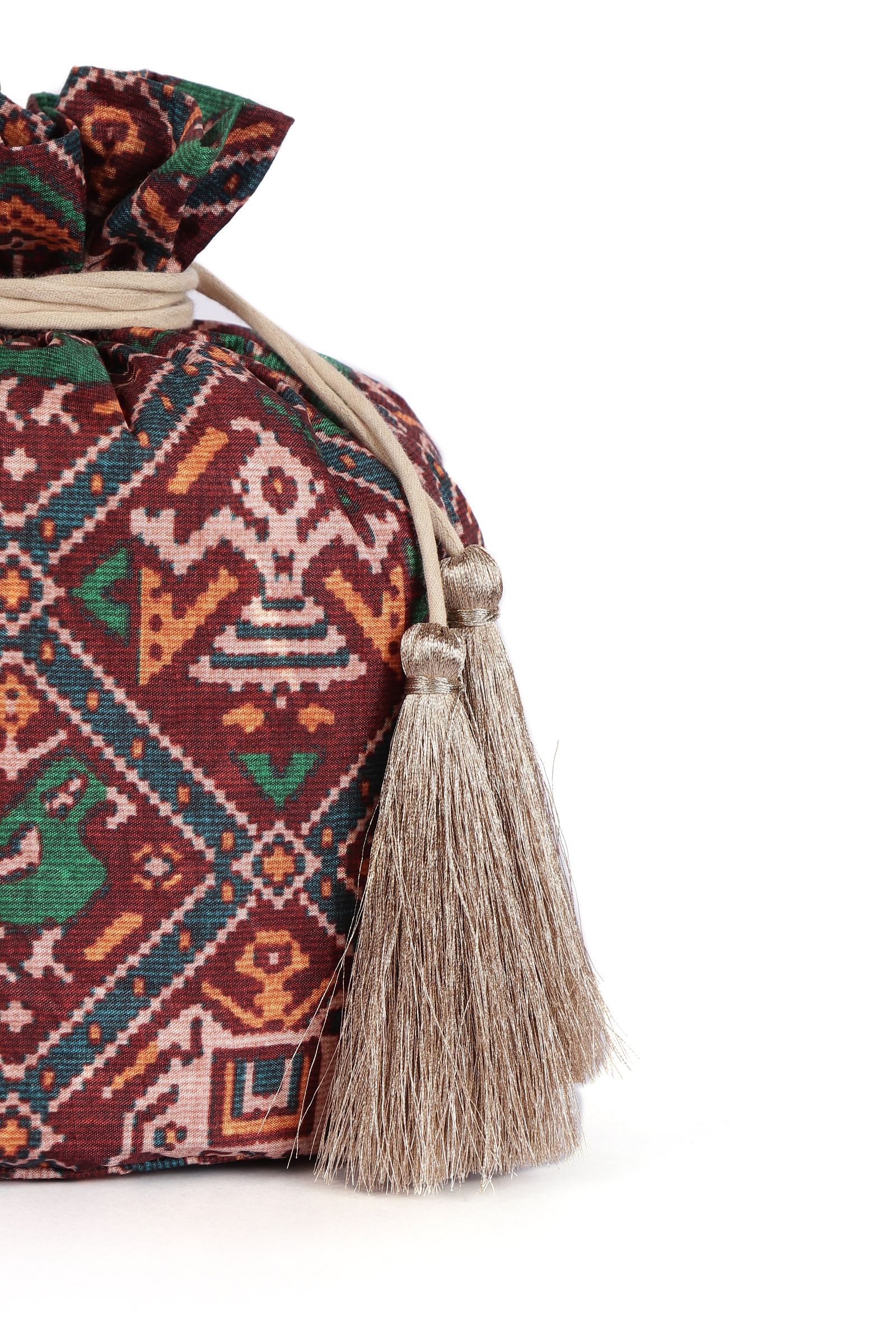 Ishani Maroon & Multi Silk Patola Print Potli With Tassels - Image 5