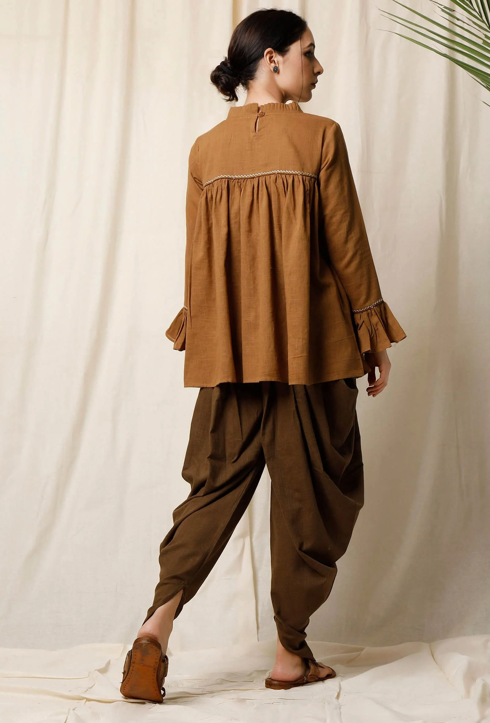 Khaki Cotton Slub Gathered Top - Image 4