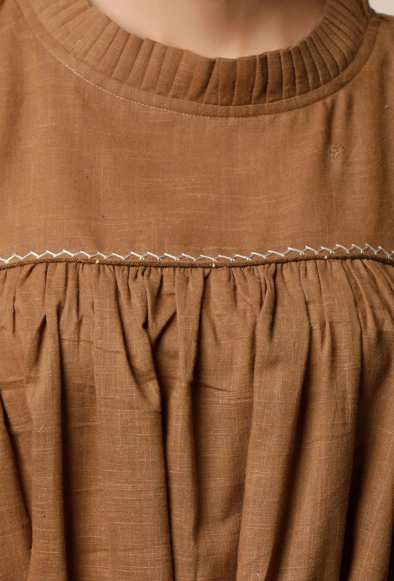 Khaki Cotton Slub Gathered Top - Image 5