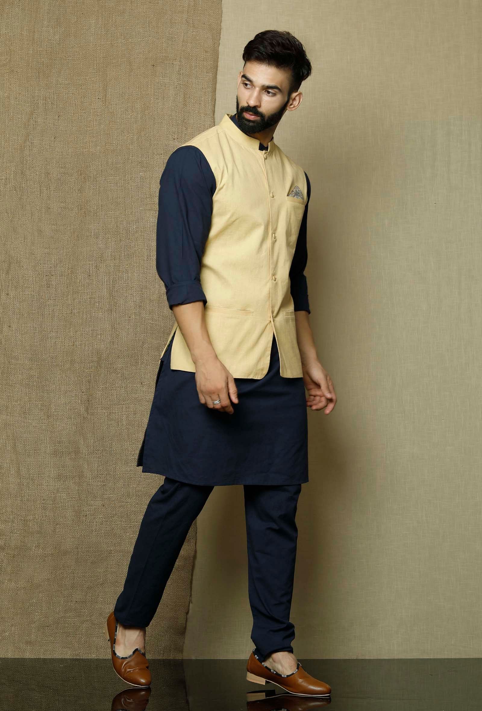 Khaki Yellow- Cotton Nehru Jacket - Image 3