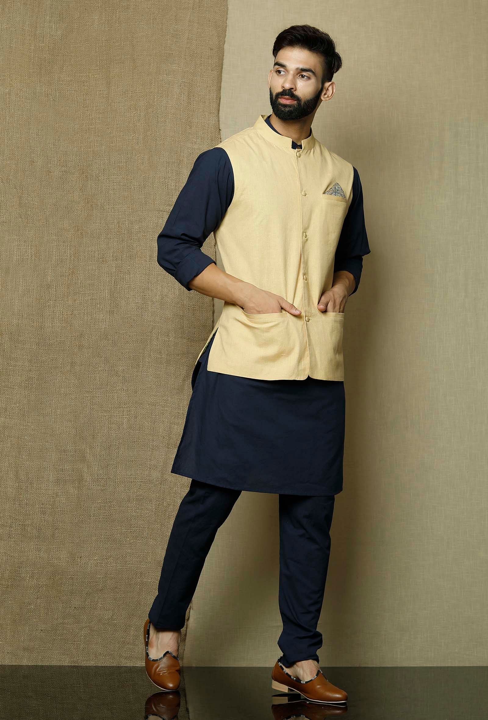 Khaki Yellow- Cotton Nehru Jacket - Image 4