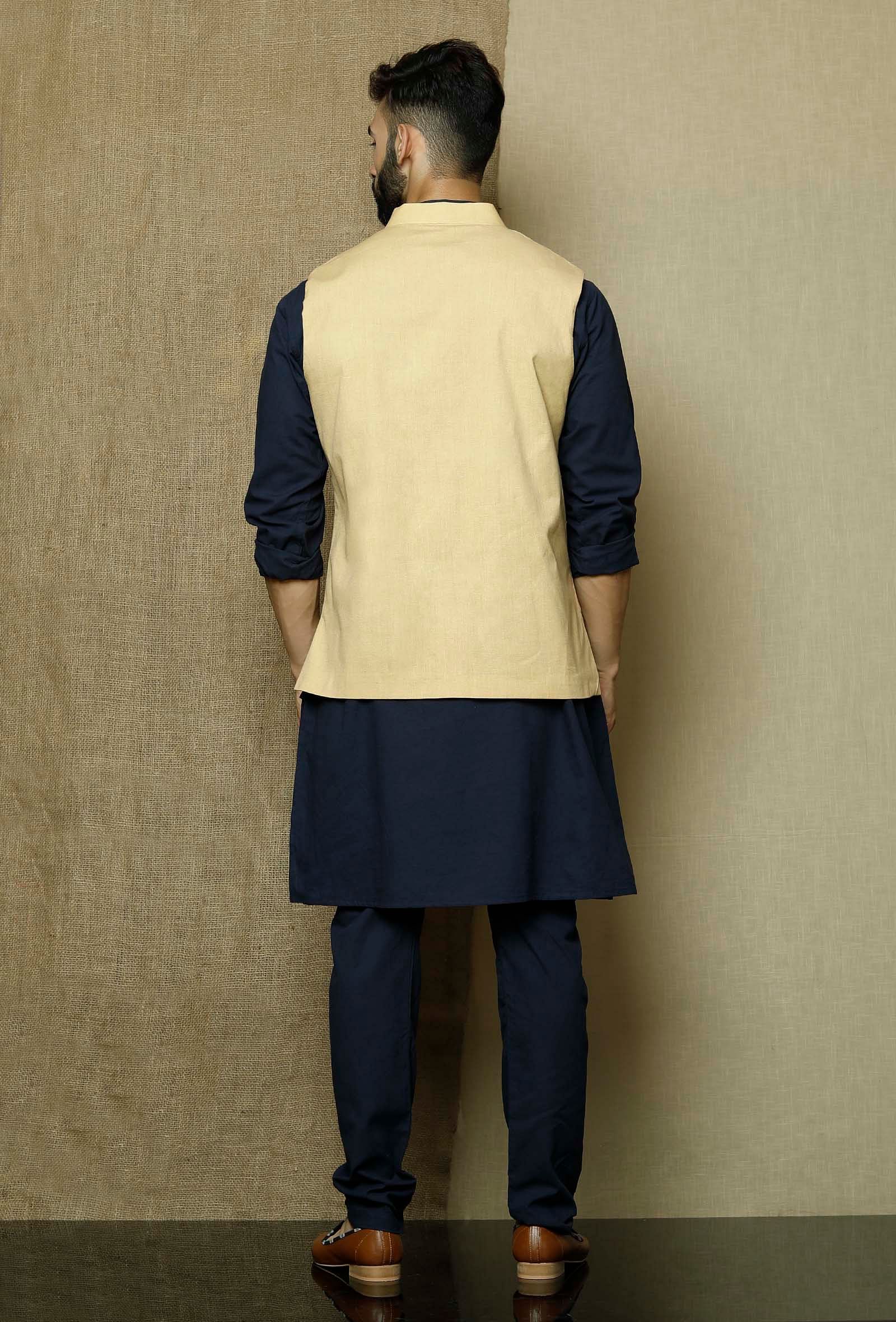 Khaki Yellow- Cotton Nehru Jacket - Image 5