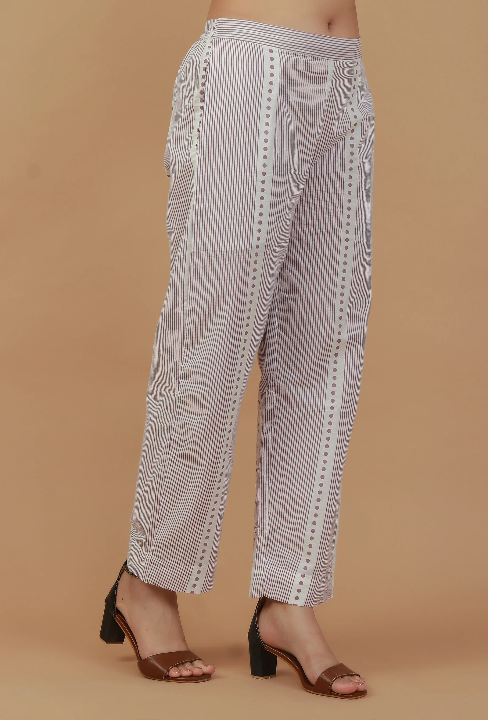 Lavender Striped Printed Cotton Straight Pants - Image 3