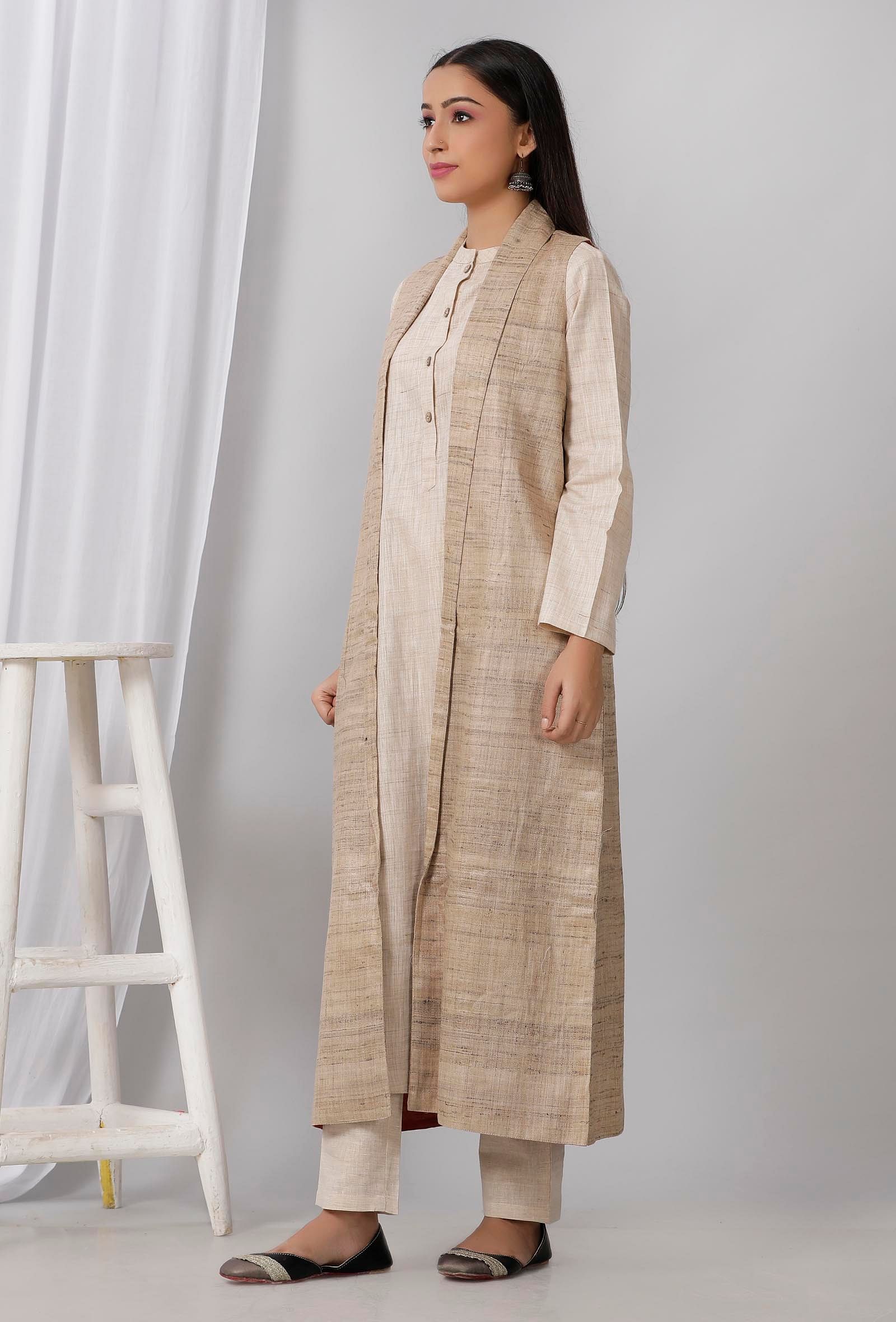 Mud Brown Long Cotton Khadi Jacket - Image 3