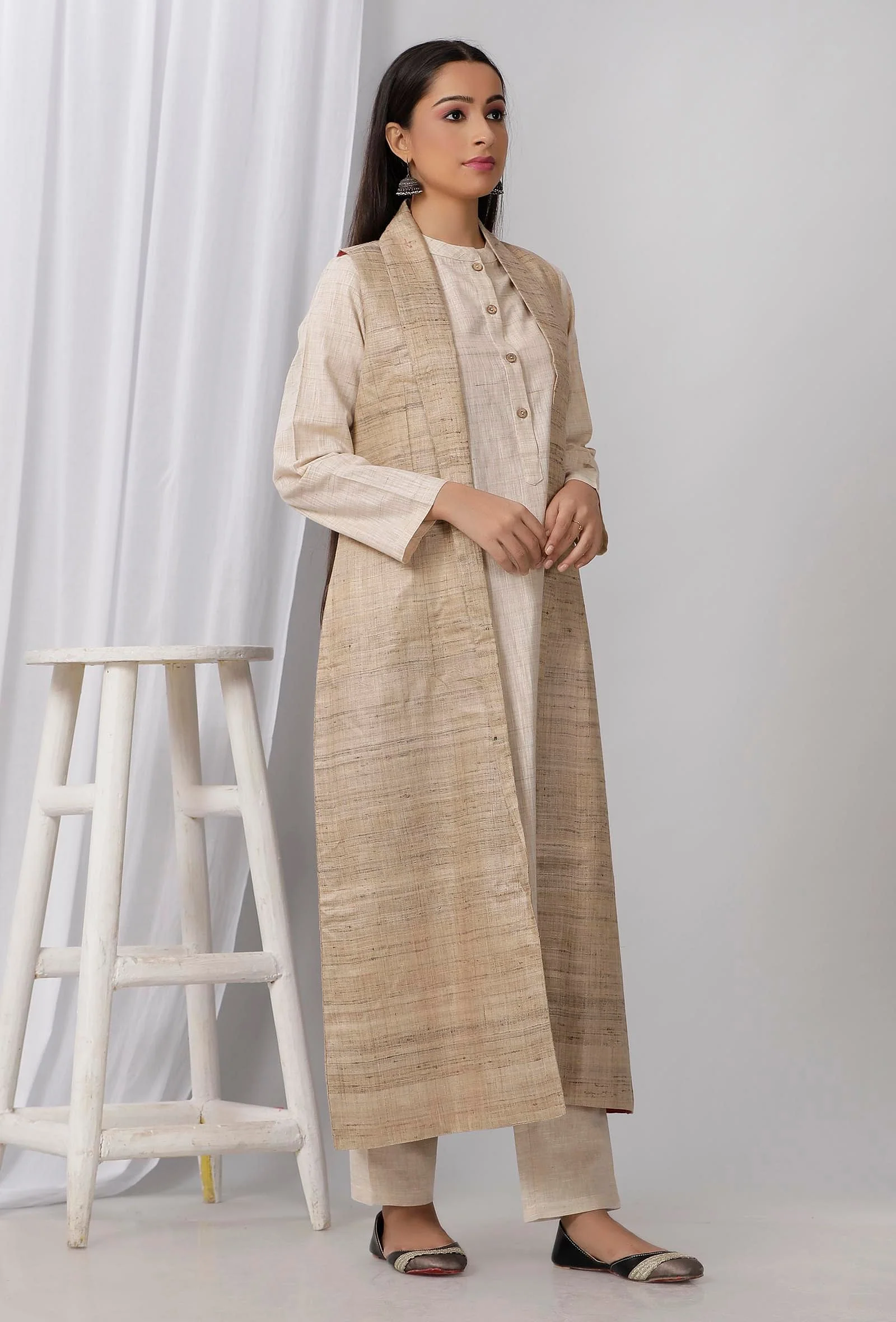 Mud Brown Long Cotton Khadi Jacket - Image 4
