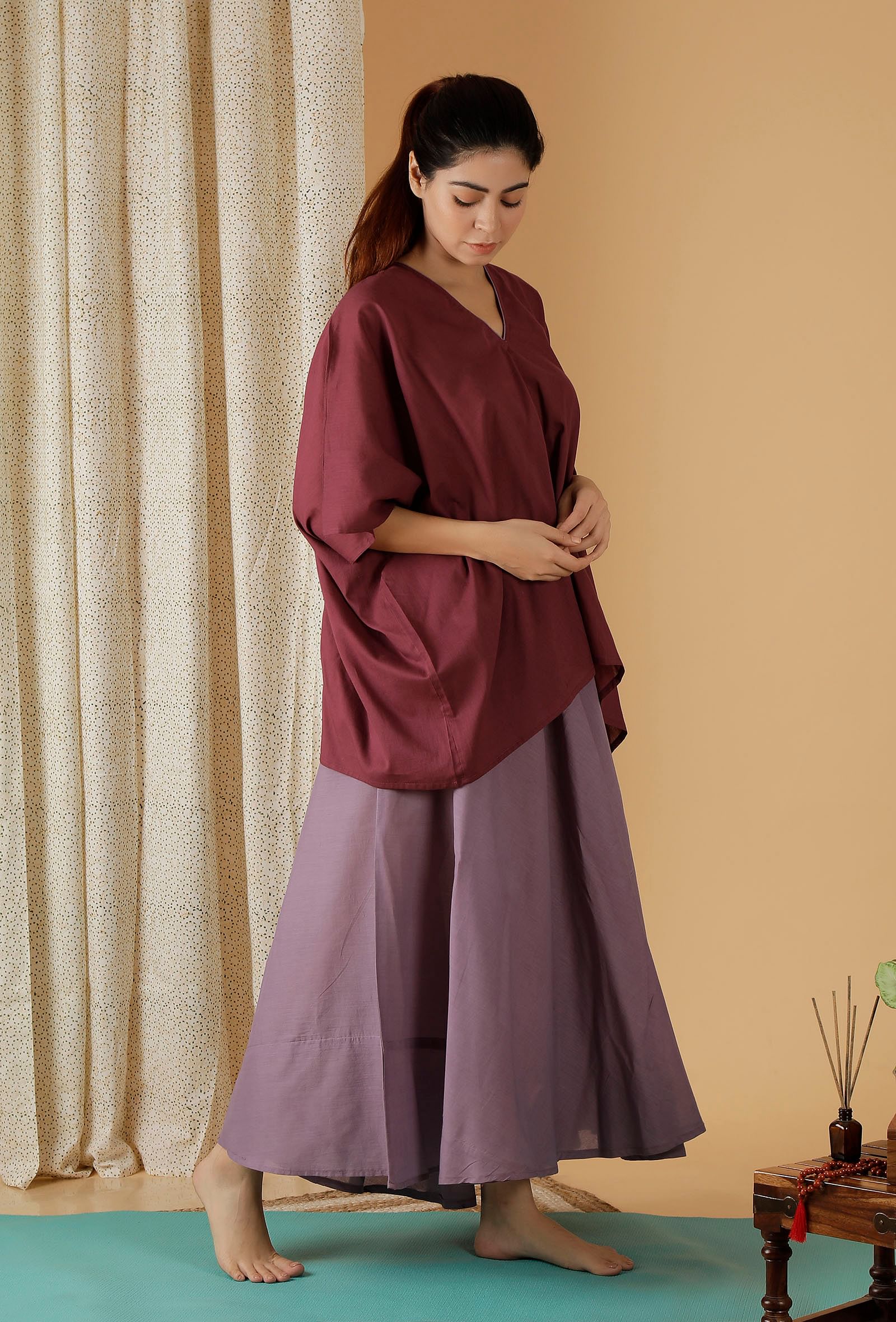 Mulmul Cotton Solid Plum Kaftan Top - Image 4