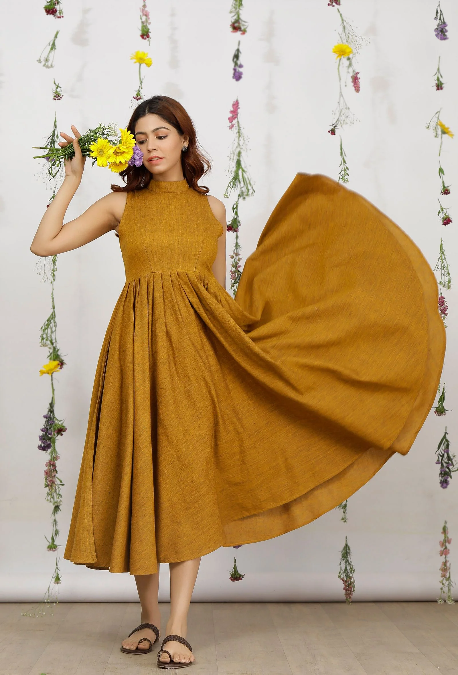 Mustard Yellow Khadi Cotton Flared Halter Neck Sleeveless Dress - Image 3