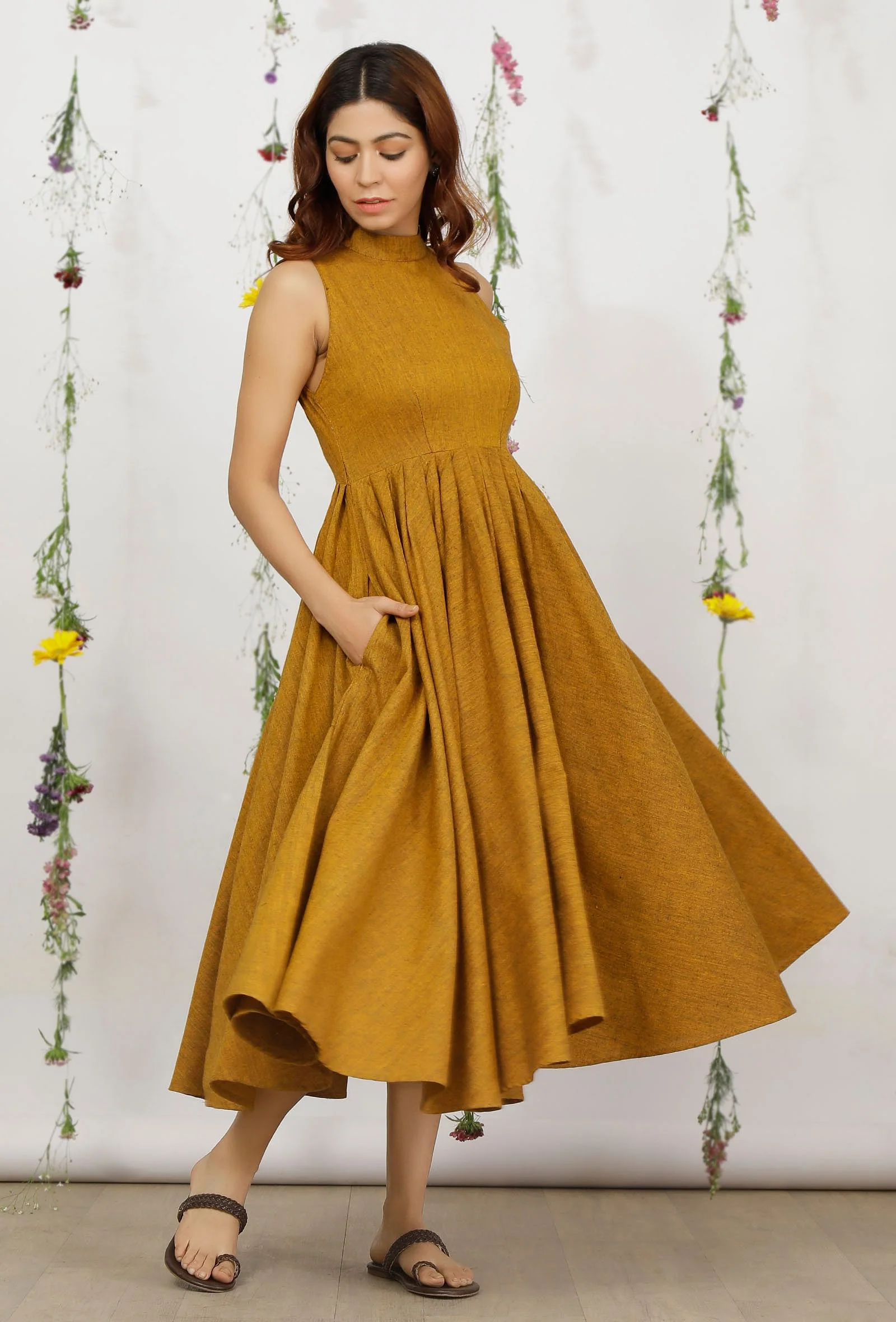 Mustard Yellow Khadi Cotton Flared Halter Neck Sleeveless Dress - Image 4