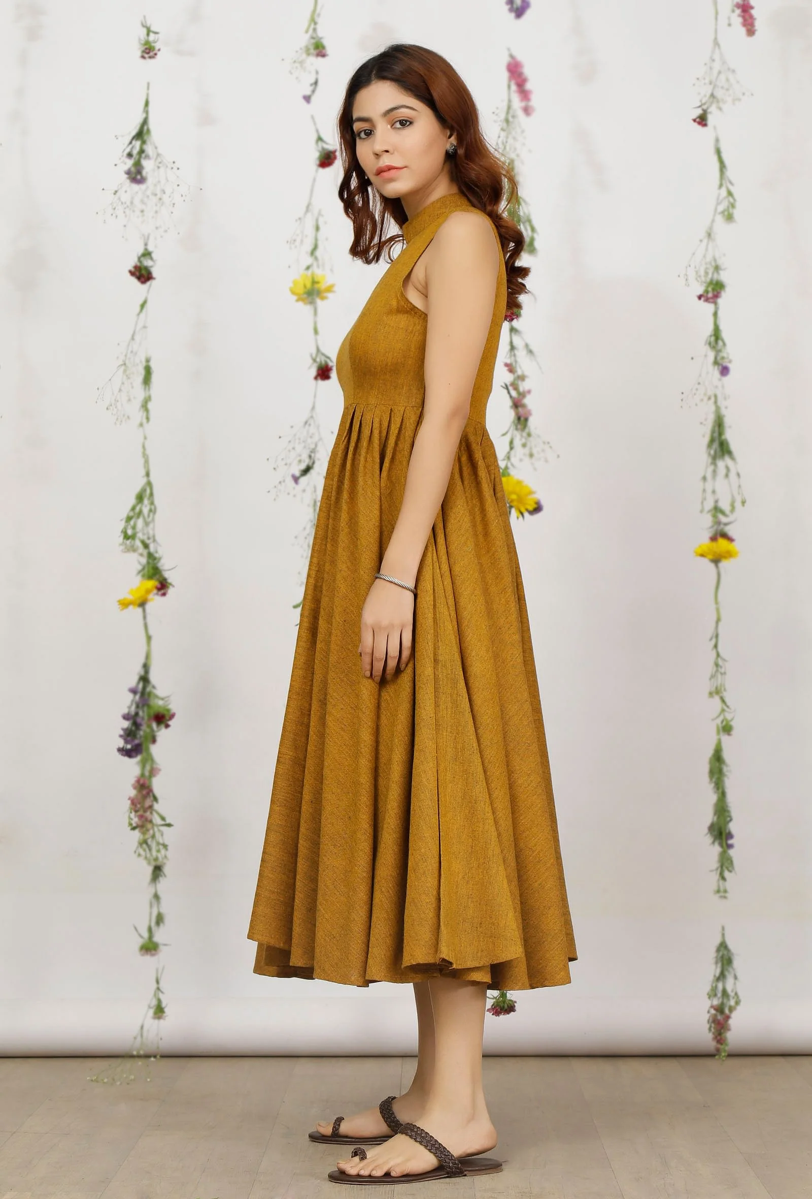 Mustard Yellow Khadi Cotton Flared Halter Neck Sleeveless Dress - Image 5