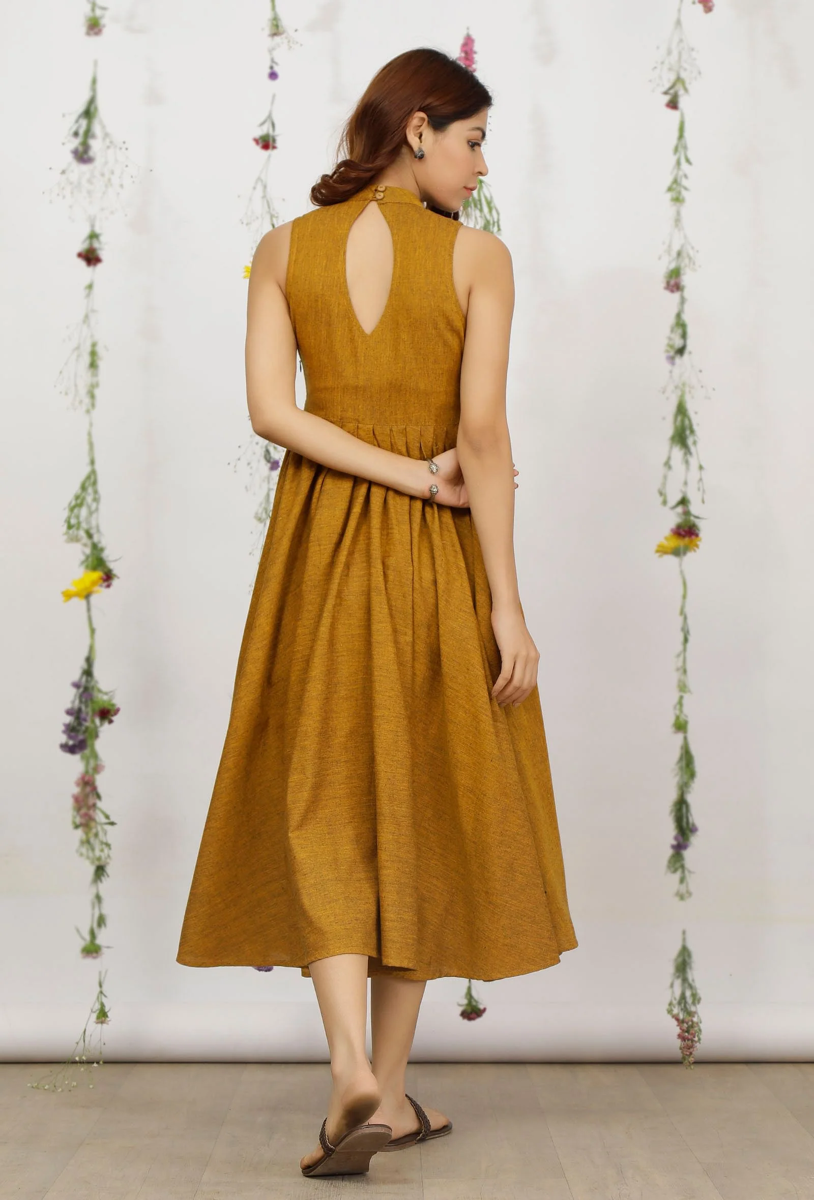 Mustard Yellow Khadi Cotton Flared Halter Neck Sleeveless Dress - Image 6