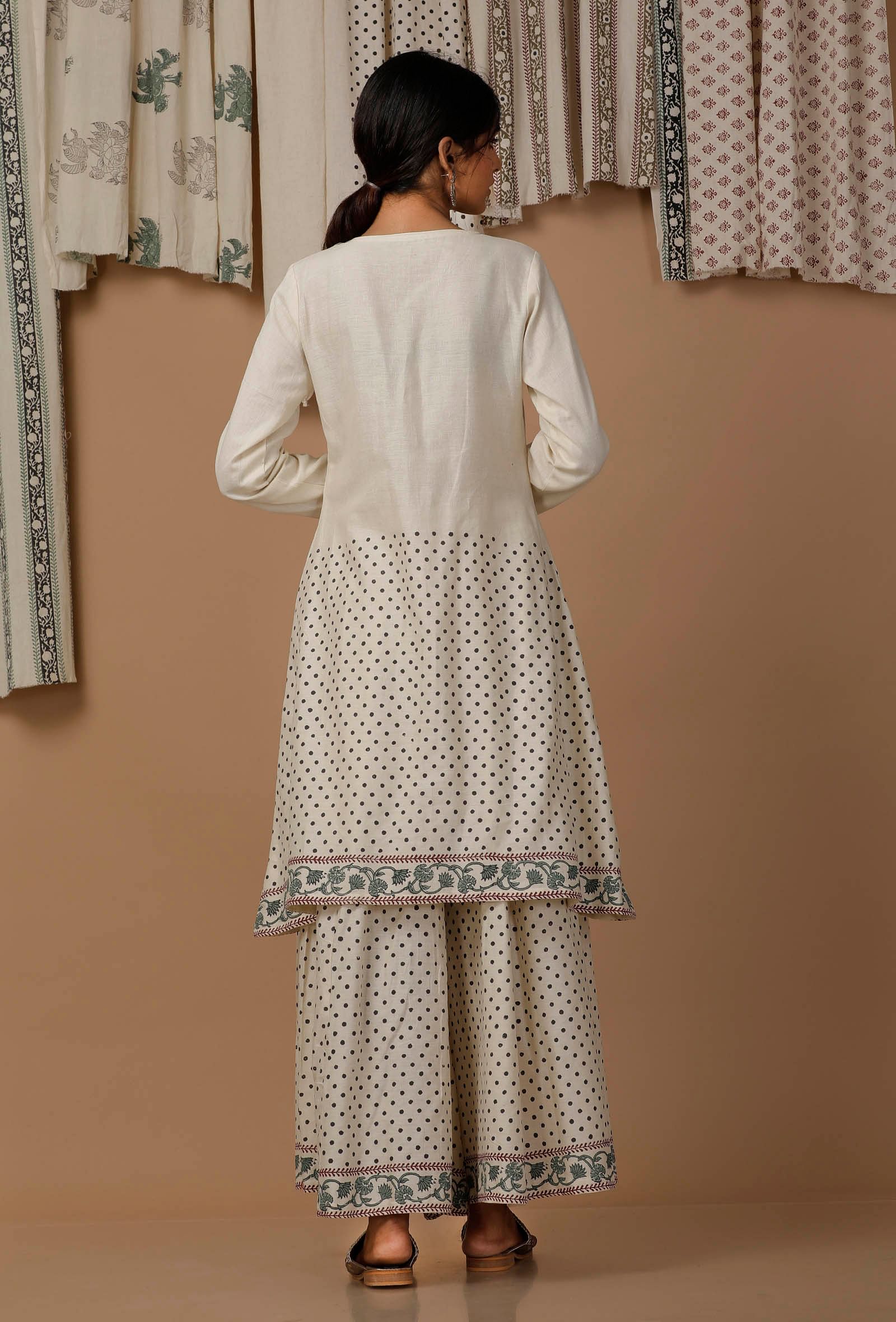 Off White Hand Block Printed Cotton Kurta - Image 5