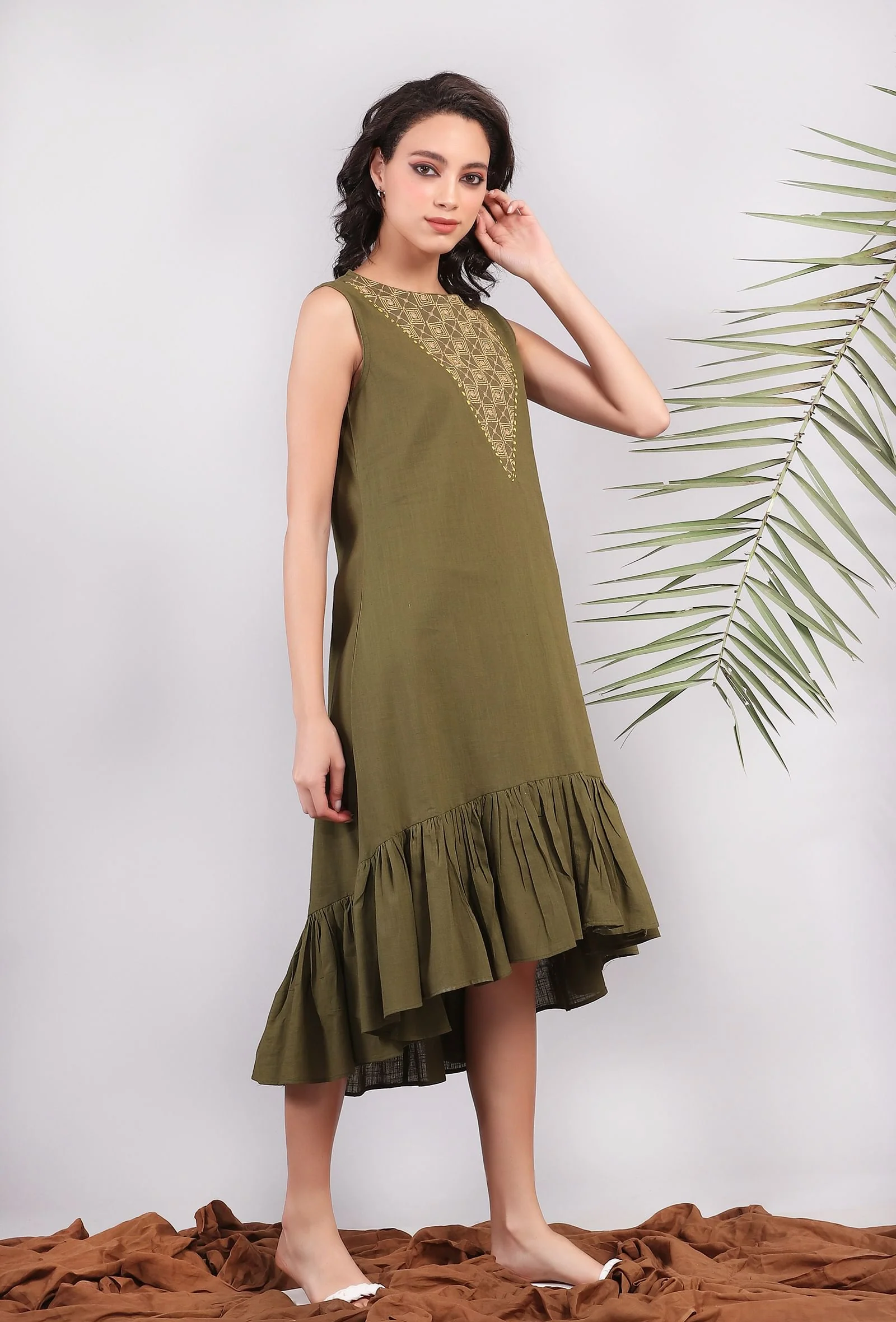 Olive Green Kantha Asymmetrical Tiered Dress - Image 3