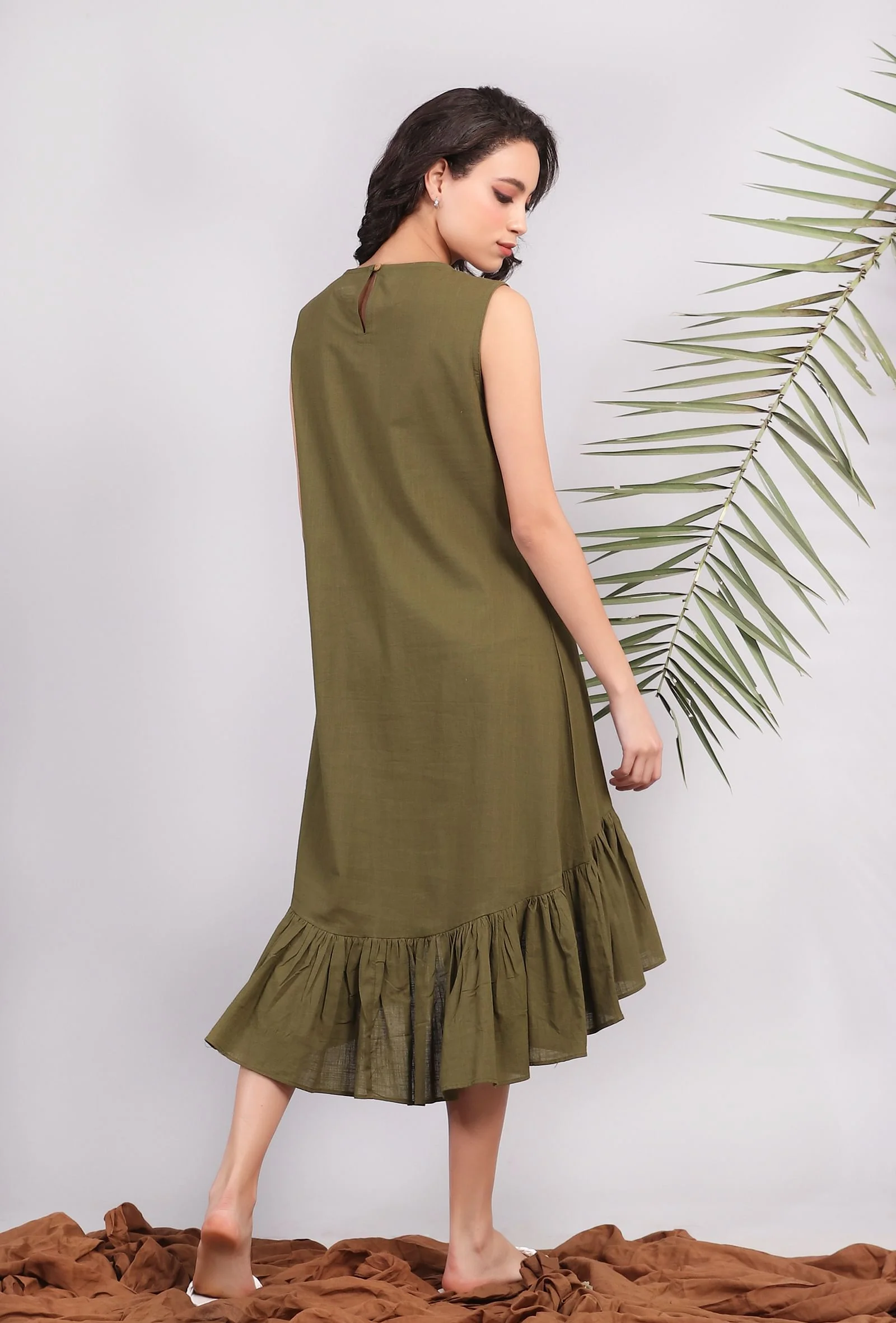 Olive Green Kantha Asymmetrical Tiered Dress - Image 4