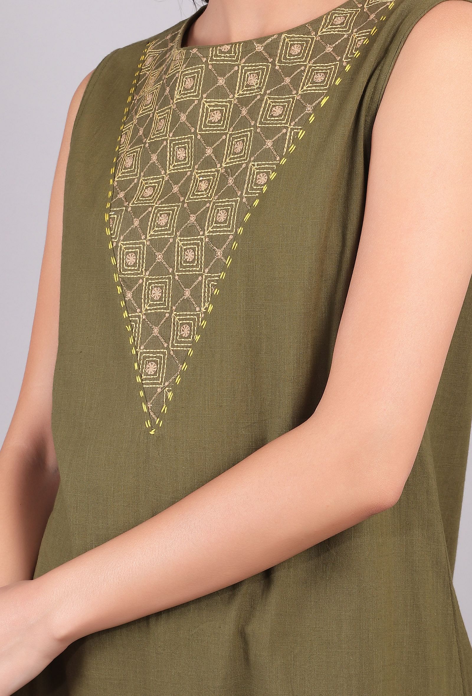 Olive Green Kantha Asymmetrical Tiered Dress - Image 5