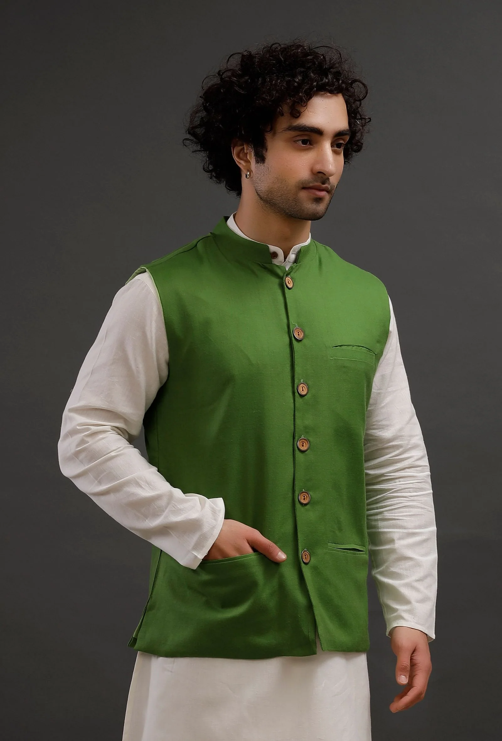 Parrot Green Woollen Blend Nehru Jacket - Image 3