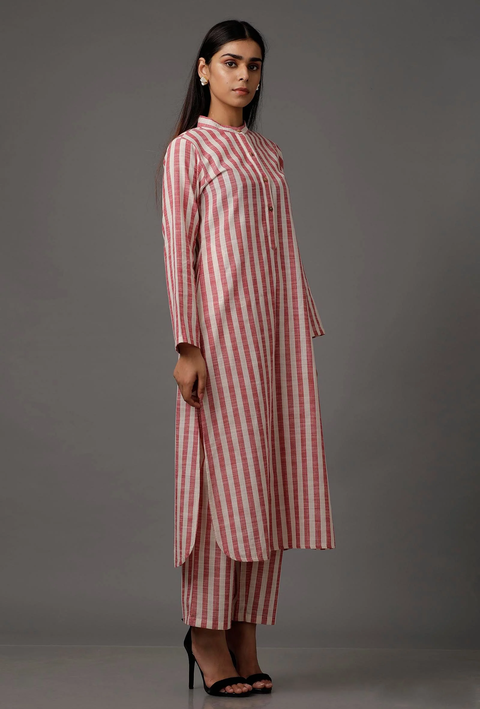 Peach  Red and White Stripes Pure Woven Cotton Kurta - Image 3