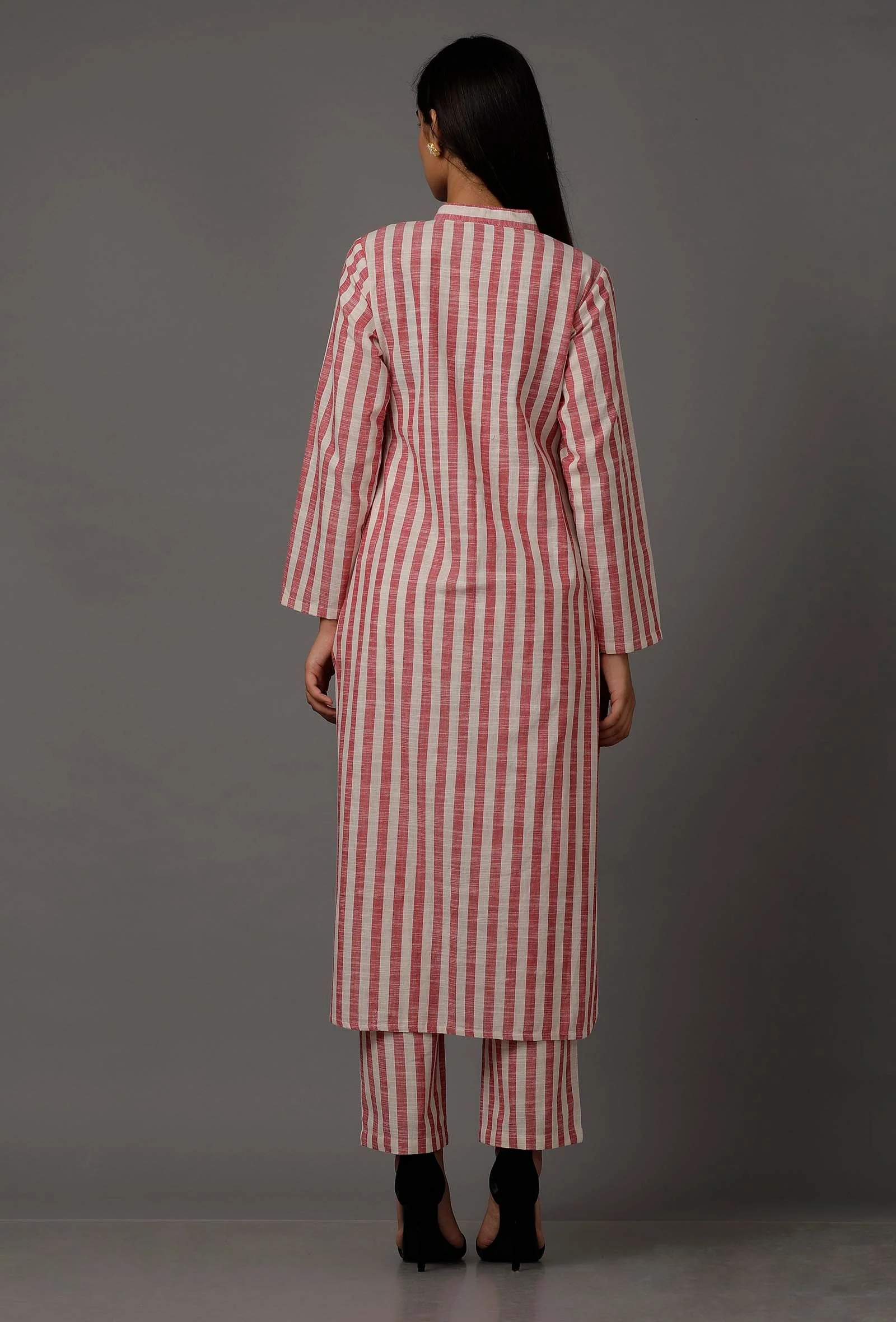 Peach  Red and White Stripes Pure Woven Cotton Kurta - Image 4