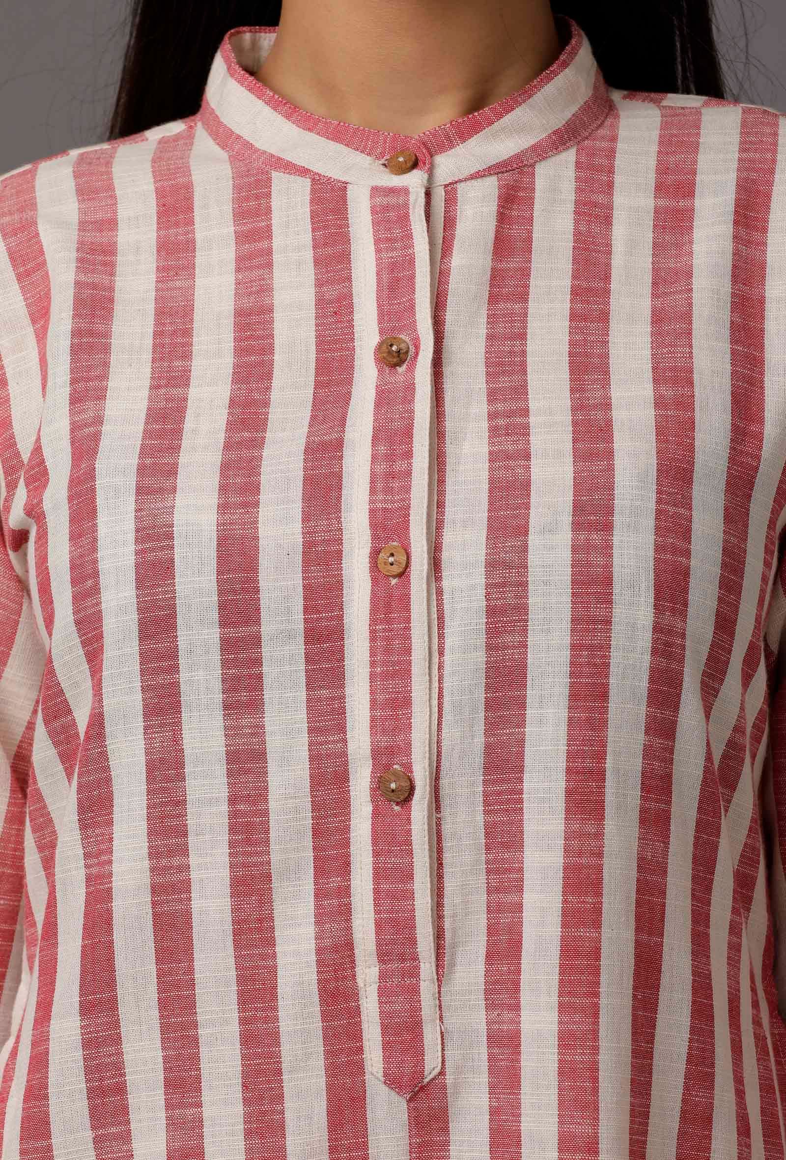Peach  Red and White Stripes Pure Woven Cotton Kurta - Image 5